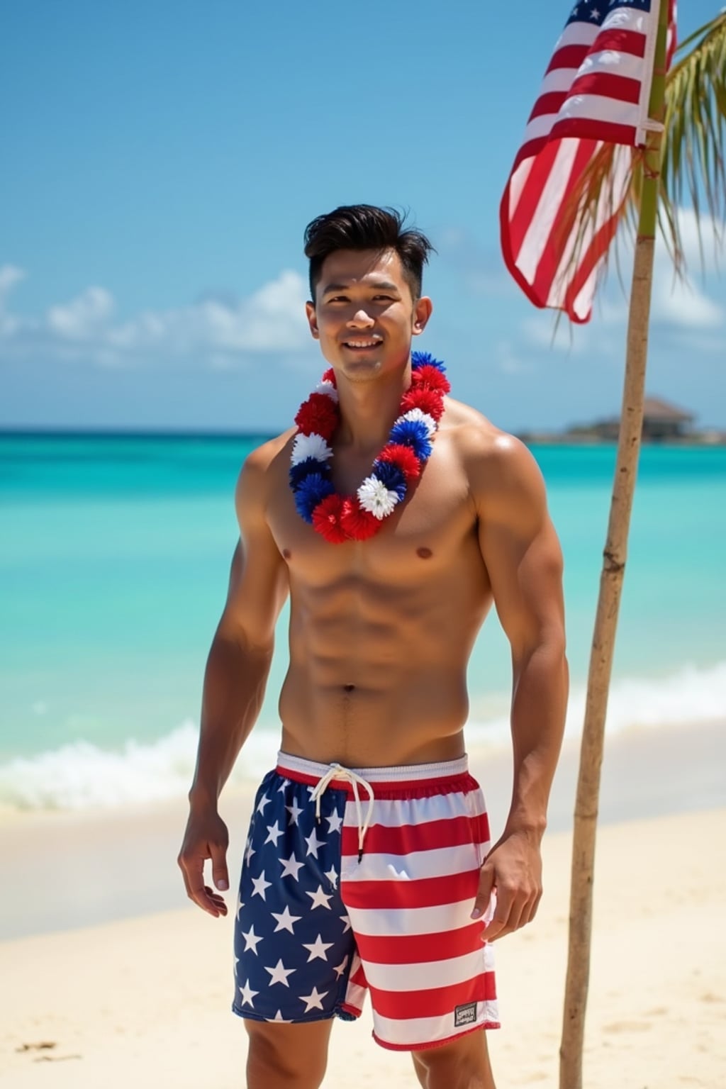 man on a beautiful beach in Hawaii, wearing  American flag swim trunks and a patriotic tank top, with a lei of red, white and blue flowers around  his neck, American flag planted proudly in the sand, crystal blue waters in the background