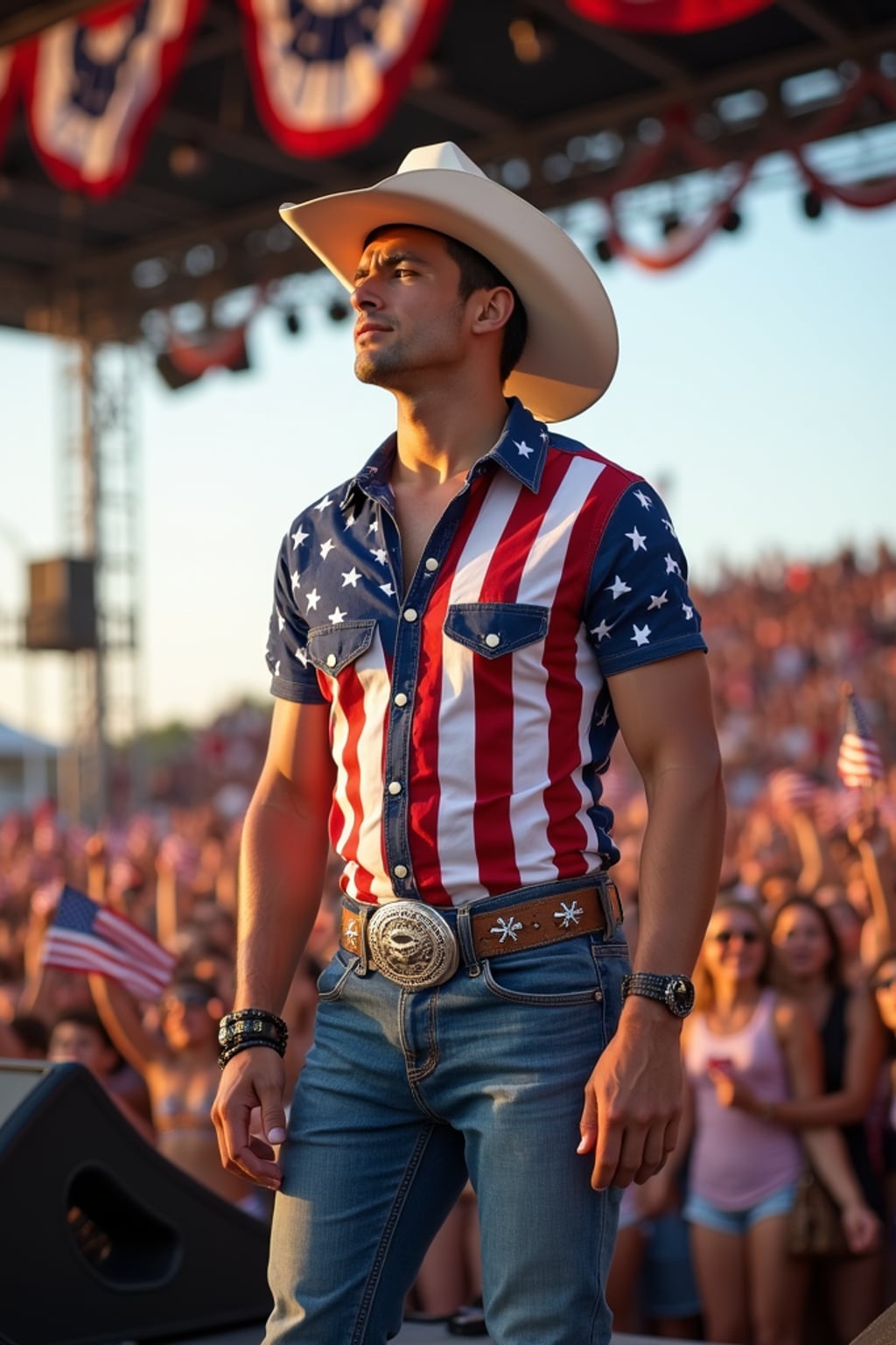 man at a country music festival, wearing  a stars and stripes shirt, blue jeans, and cowboy boots with eagle spurs, American flag cowboy hat, surrounded by cheering crowds waving small flags, stage decorated with patriotic bunting