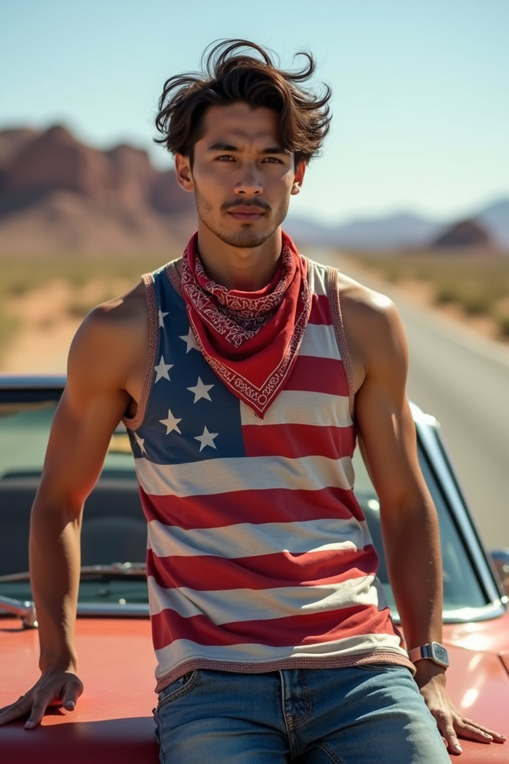 man on a classic American road trip, leaning against a vintage convertible on Route 66, wearing  jeans and a bold American flag tank top, American flag bandana, desert landscape stretching behind, embodying freedom and American adventure