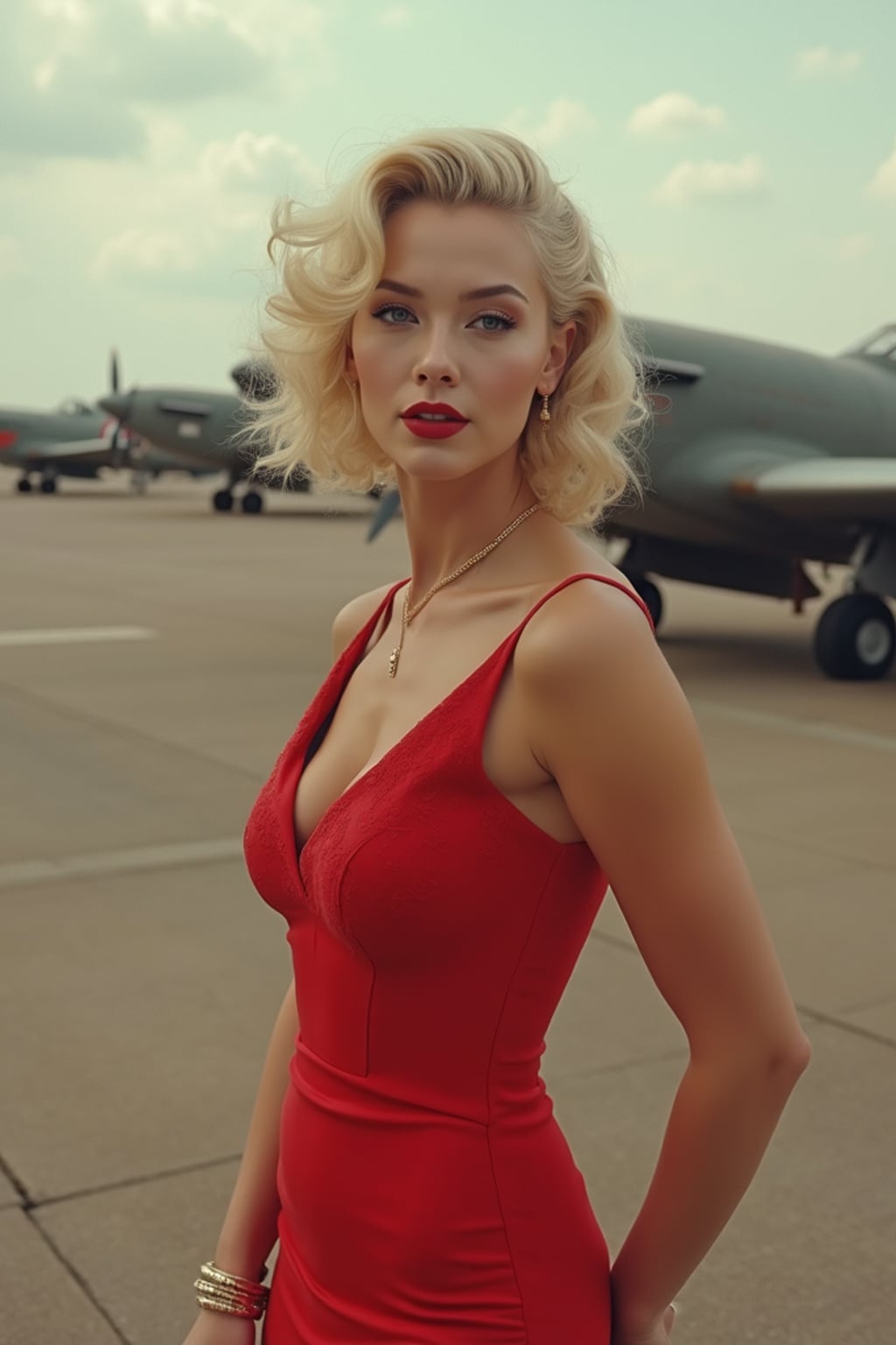 1950s pin-up woman, wearing a tight red corset dress and high heels, blonde retro curls, playful seductive expression, vintage style. the scene is a 1950 military airbase with military planes