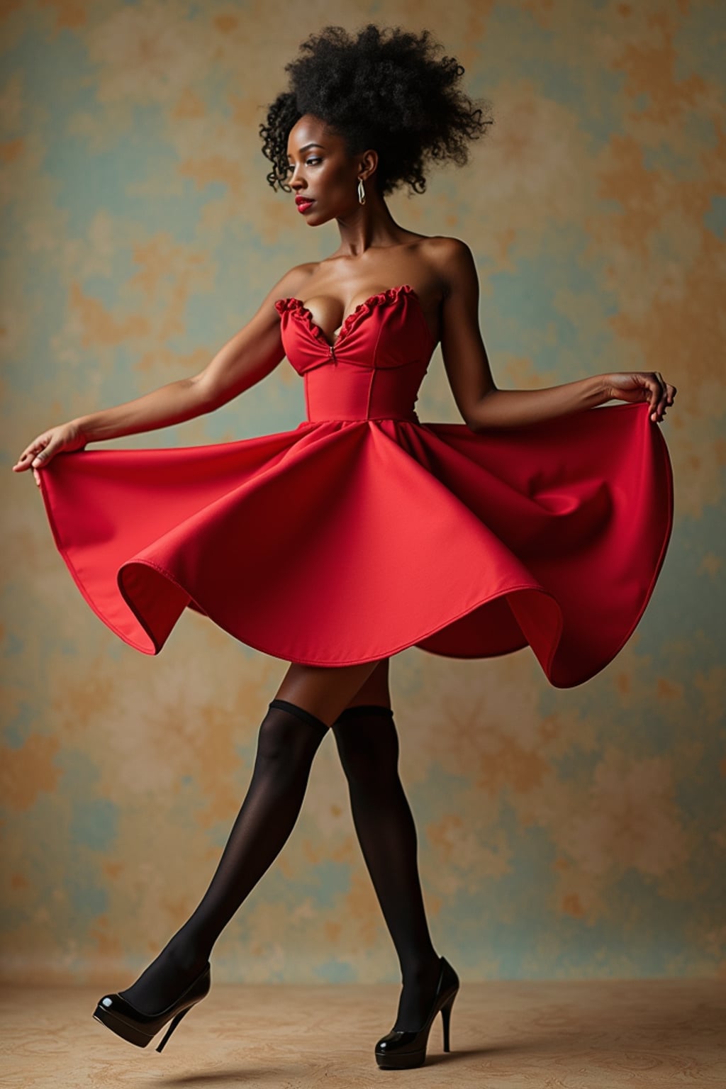 woman twirling in a retro swing dress blown up Marilyn-style, revealing stockings and panties , on a faux pin-up calendar set