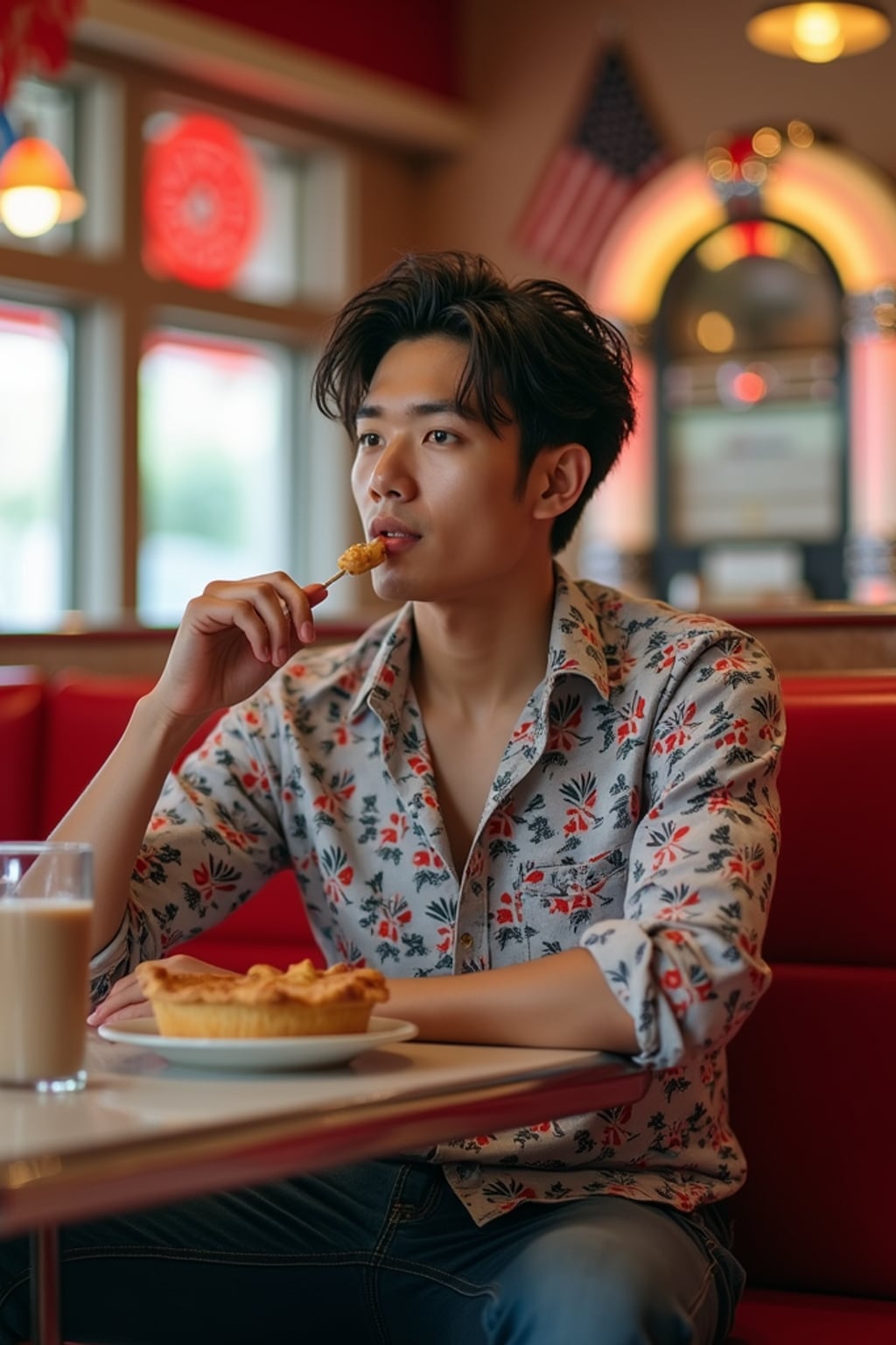 man at a classic American diner, seated at a retro booth with red vinyl seats, wearing  a patriotic button-up shirt with rolled sleeves and jeans, enjoying a milkshake and apple pie, walls decorated with American flags, vintage jukebox playing "God Bless America" in the background