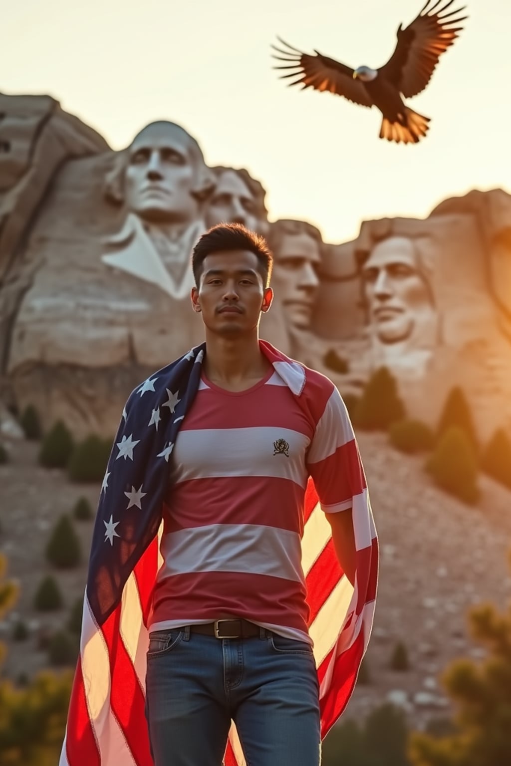 man in front of the iconic Mount Rushmore, wearing  an American flag t-shirt and blue jeans, striking a proud pose with the American flag draped around  his shoulders, golden hour lighting creating a warm, inspiring atmosphere, bald eagle soaring overhead