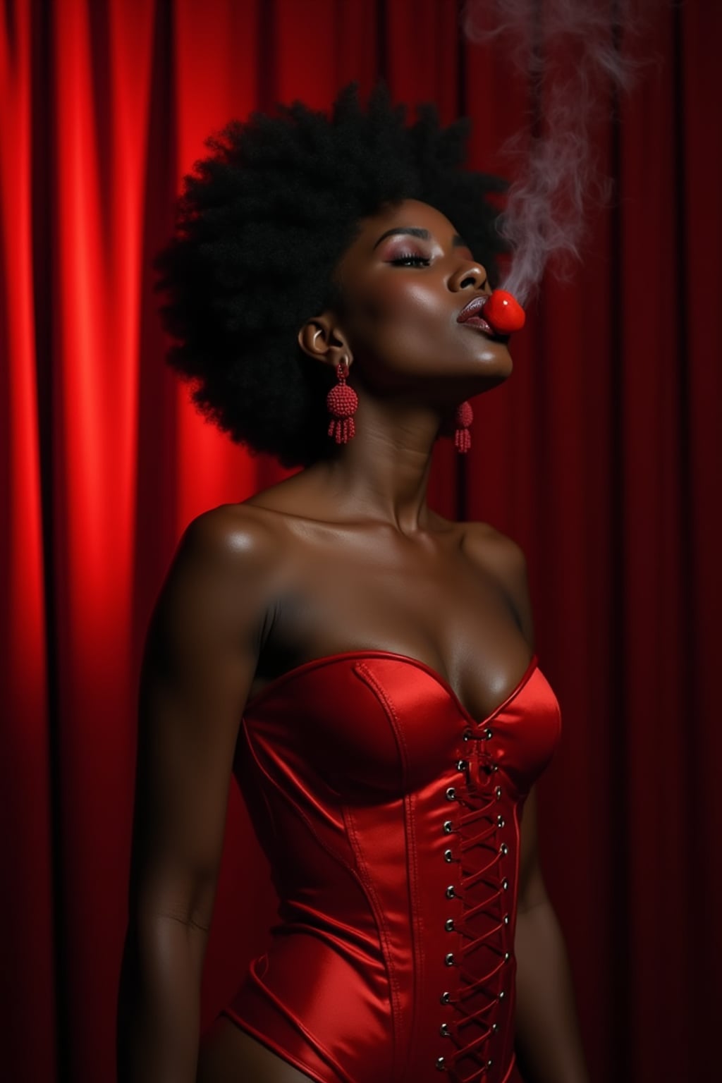 woman in a red corset barely laced, with visible underboob or cleavage, blowing a kiss under spotlight in a velvet curtain backdrop