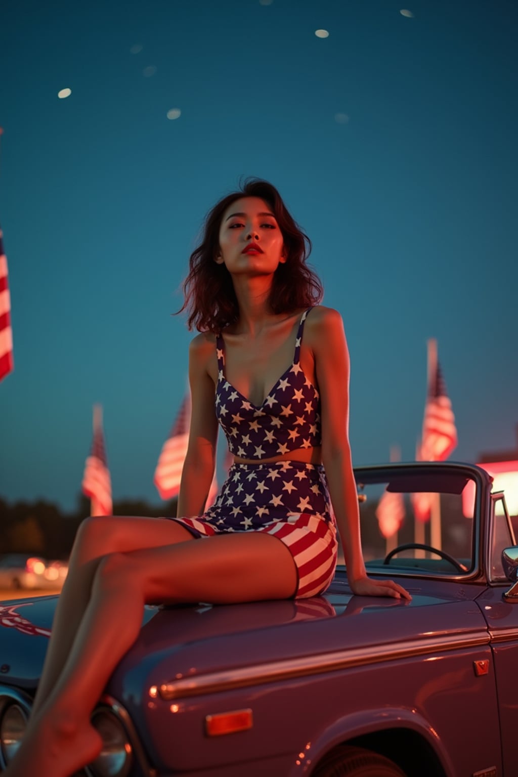 woman at a drive-in movie theater showing a patriotic film, sitting on the hood of a classic American-made car decorated with flag decals, wearing a vintage-inspired stars and stripes outfit with red lipstick , under a starry night sky, surrounded by American flags
