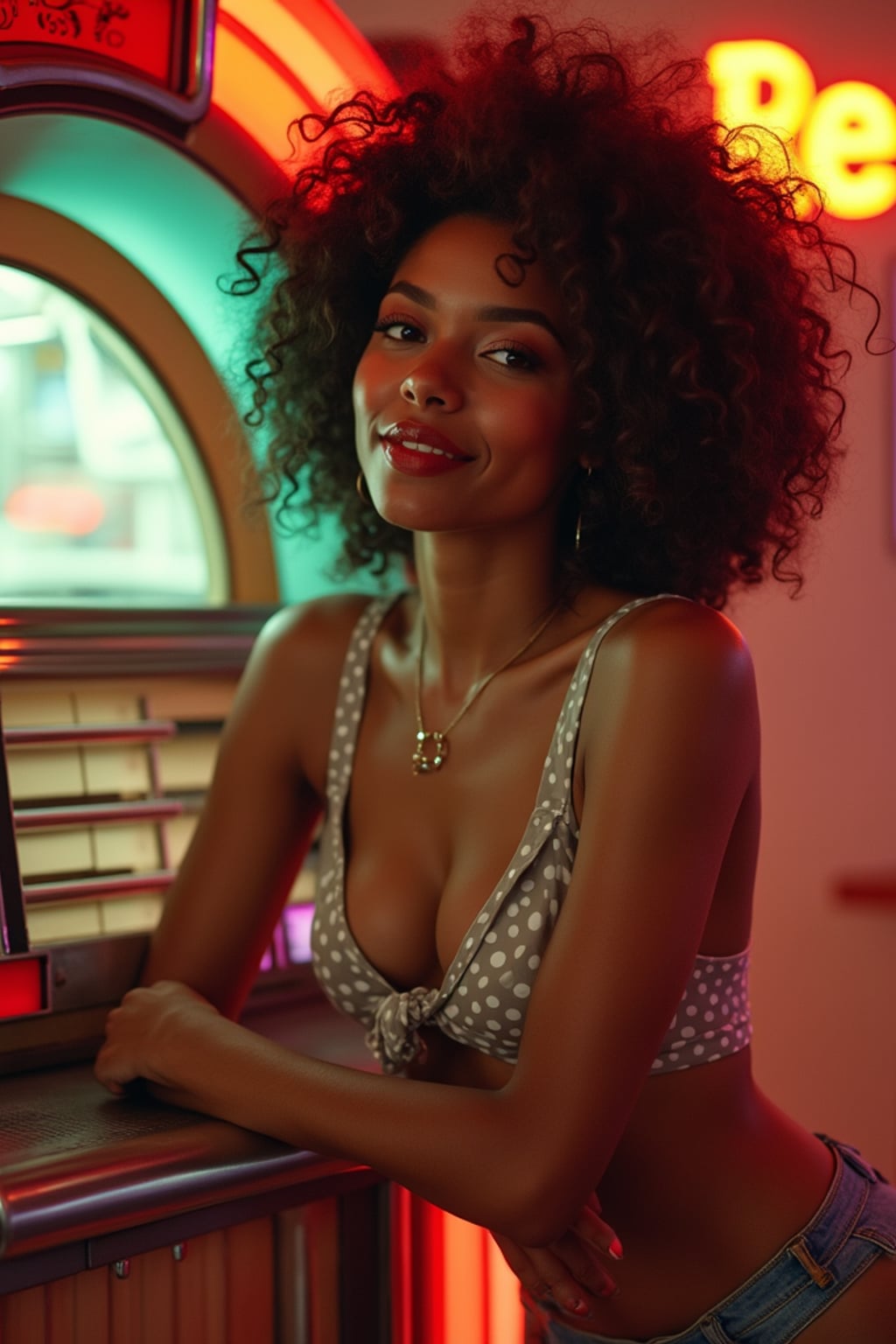 woman with retro curls, cherry lips, and a teasing smile, in unbuttoned polka-dot top tied above the chest and ultra short shorts , leaning suggestively on a jukebox