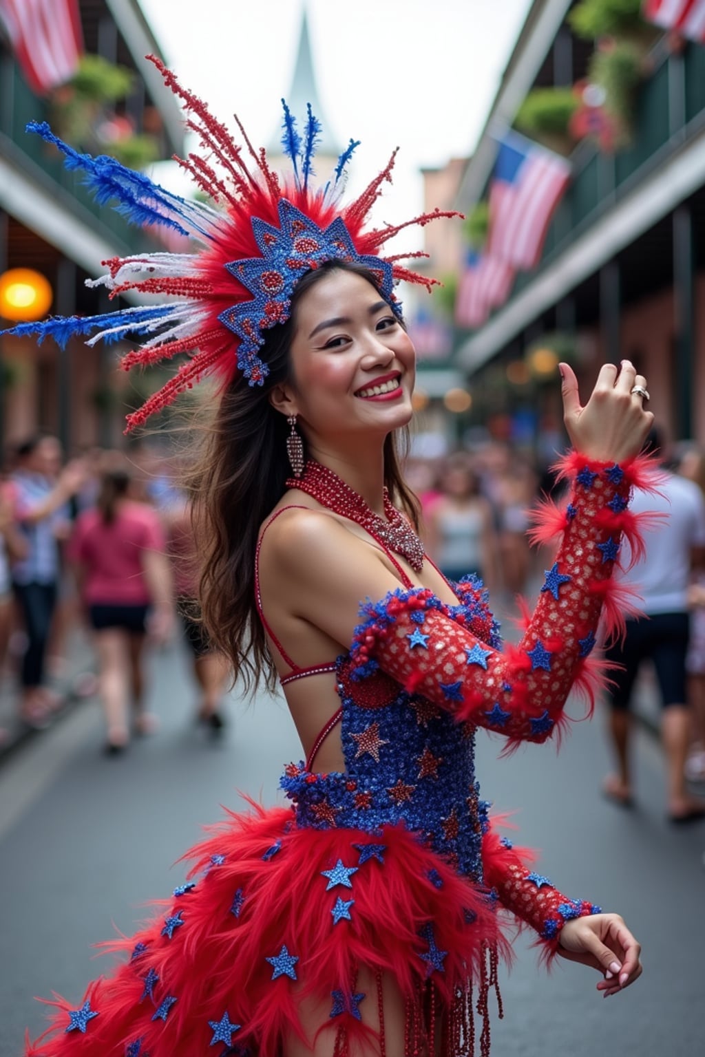woman in New Orleans during Mardi Gras, wearing a dazzling red, white, and blue carnival outfit with star-spangled feathers , throwing red, white, and blue beads to the crowd, American flags lining Bourbon Street