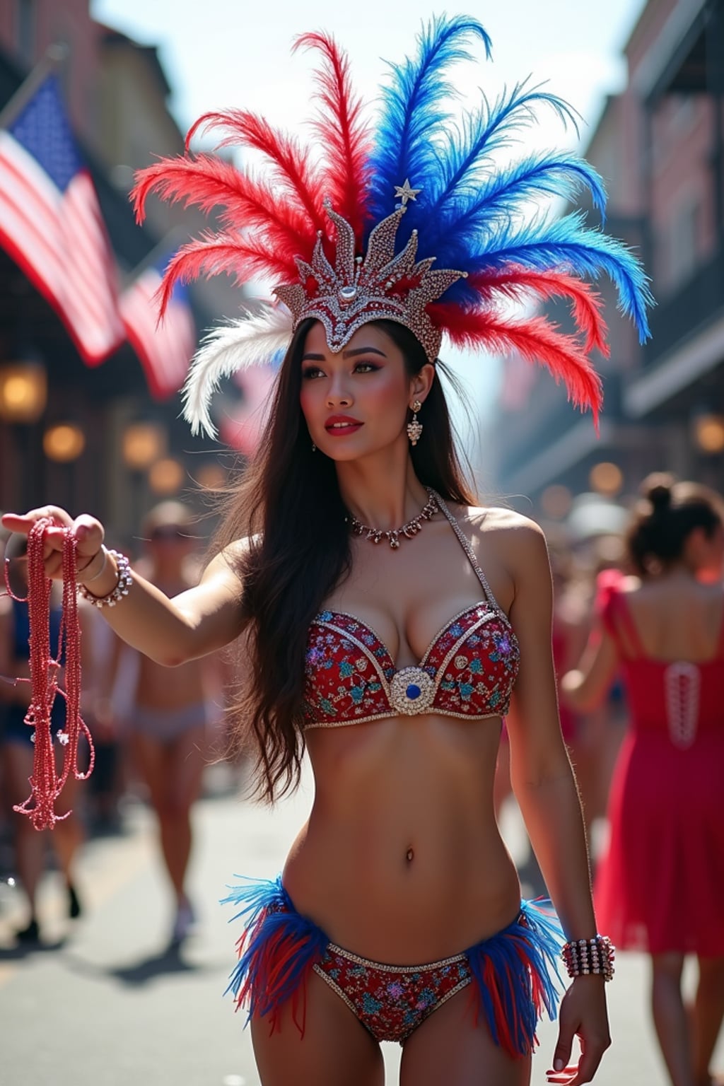 woman in New Orleans during Mardi Gras, wearing a dazzling red, white, and blue carnival outfit with star-spangled feathers , throwing red, white, and blue beads to the crowd, American flags lining Bourbon Street