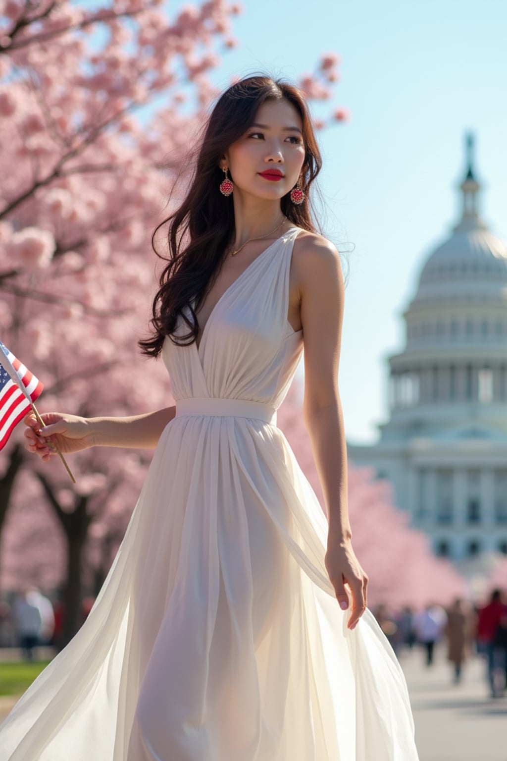 woman in Washington DC during cherry blossom season, wearing a flowing white dress with bold red and blue star accessories , holding a small American flag, the Washington Monument and Capitol building creating a picturesque patriotic backdrop