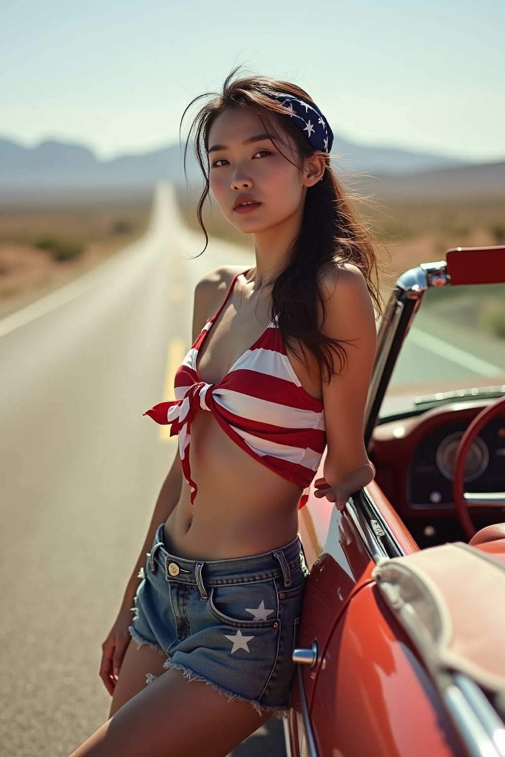 woman on a classic American road trip, leaning against a vintage convertible on Route 66, wearing American flag shorts and a tied-up stars and stripes shirt , American flag bandana, desert landscape stretching behind, embodying freedom and American adventure