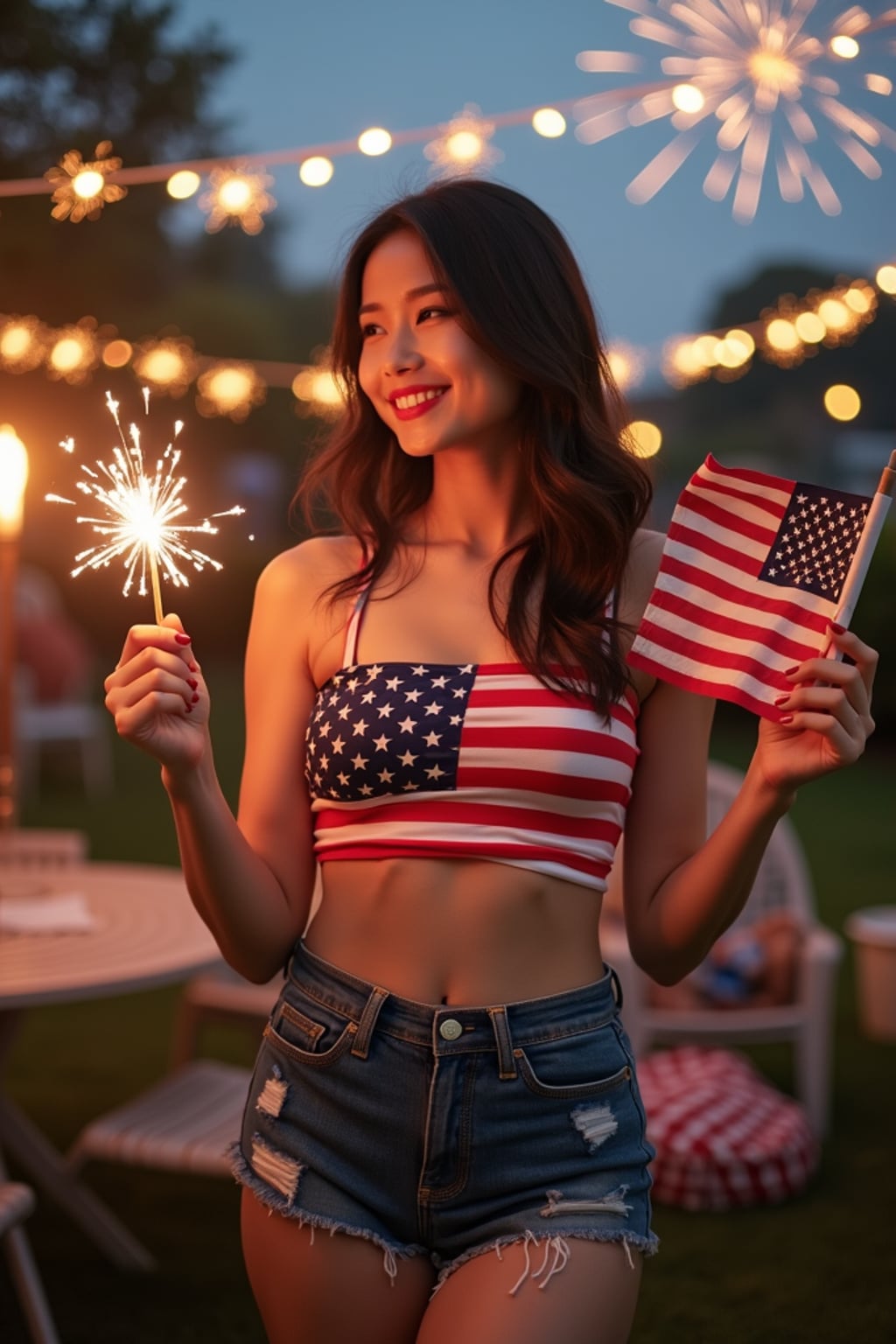 woman at a 4th of July backyard barbecue, wearing a stars and stripes crop top and high-waisted blue shorts , holding sparklers and a small American flag, surrounded by patriotic decorations, fireworks bursting in the sky