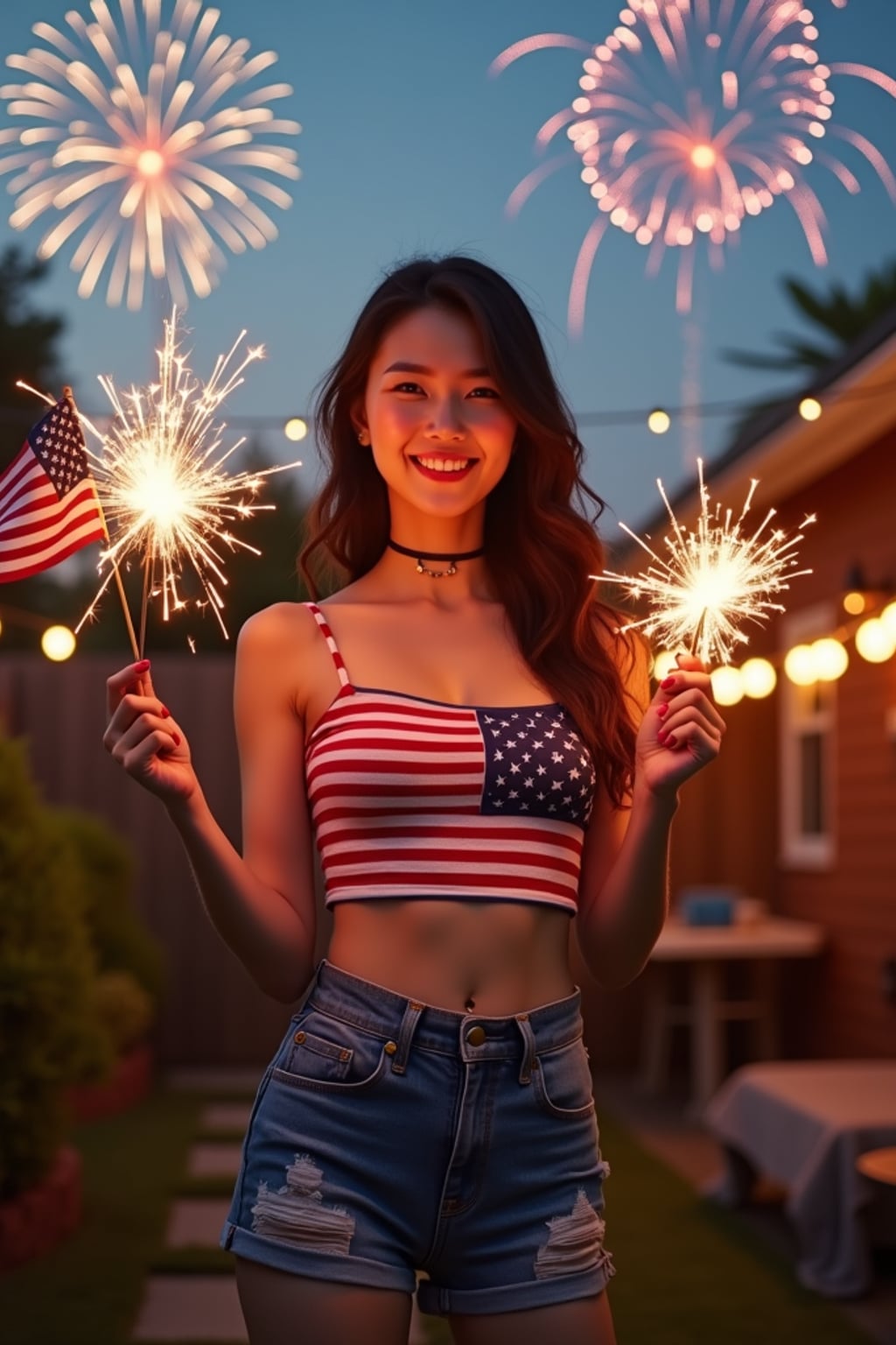 woman at a 4th of July backyard barbecue, wearing a stars and stripes crop top and high-waisted blue shorts , holding sparklers and a small American flag, surrounded by patriotic decorations, fireworks bursting in the sky