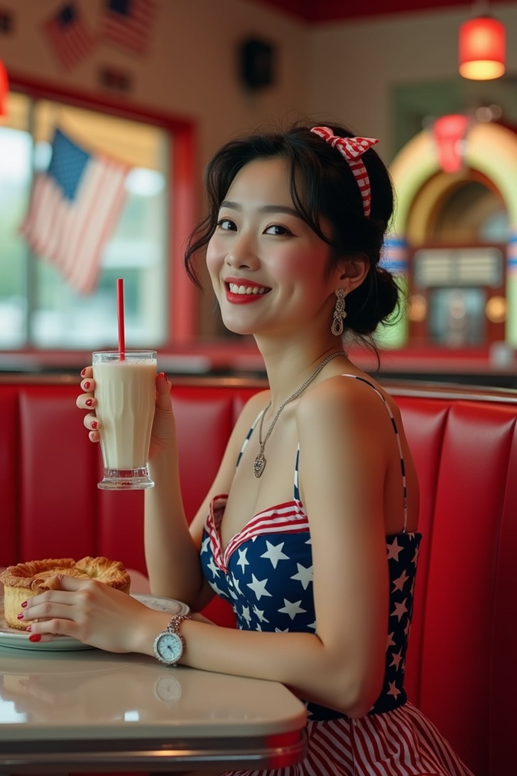 woman at a classic American diner, seated at a retro booth with red vinyl seats, wearing a 1950s-inspired stars and stripes dress , enjoying a milkshake and apple pie, walls decorated with American flags, vintage jukebox playing "God Bless America" in the background