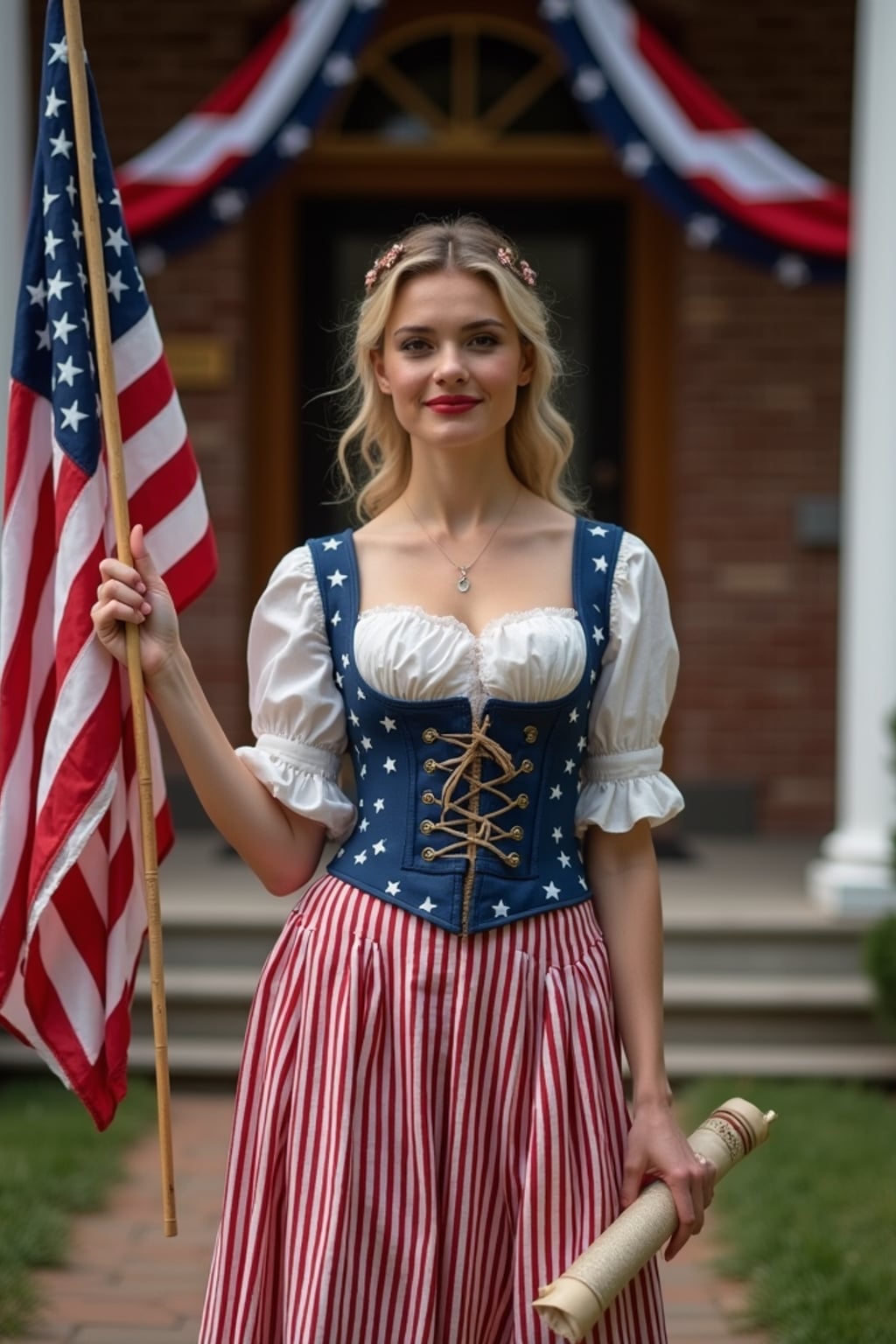 woman in a stylized colonial outfit, tight stars and stripes corset and patriotic revolutionary skirt , holding the original 13-star American flag and Declaration of Independence scroll, standing proudly in front of Independence Hall decorated with patriotic bunting.