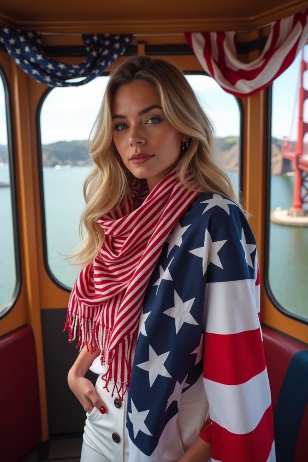 woman on a San Francisco trolley decorated with patriotic bunting, wearing a stylish red, white and blue outfit with a stars and stripes scarf , Golden Gate Bridge draped with a giant American flag visible in the background, embodying iconic American city pride