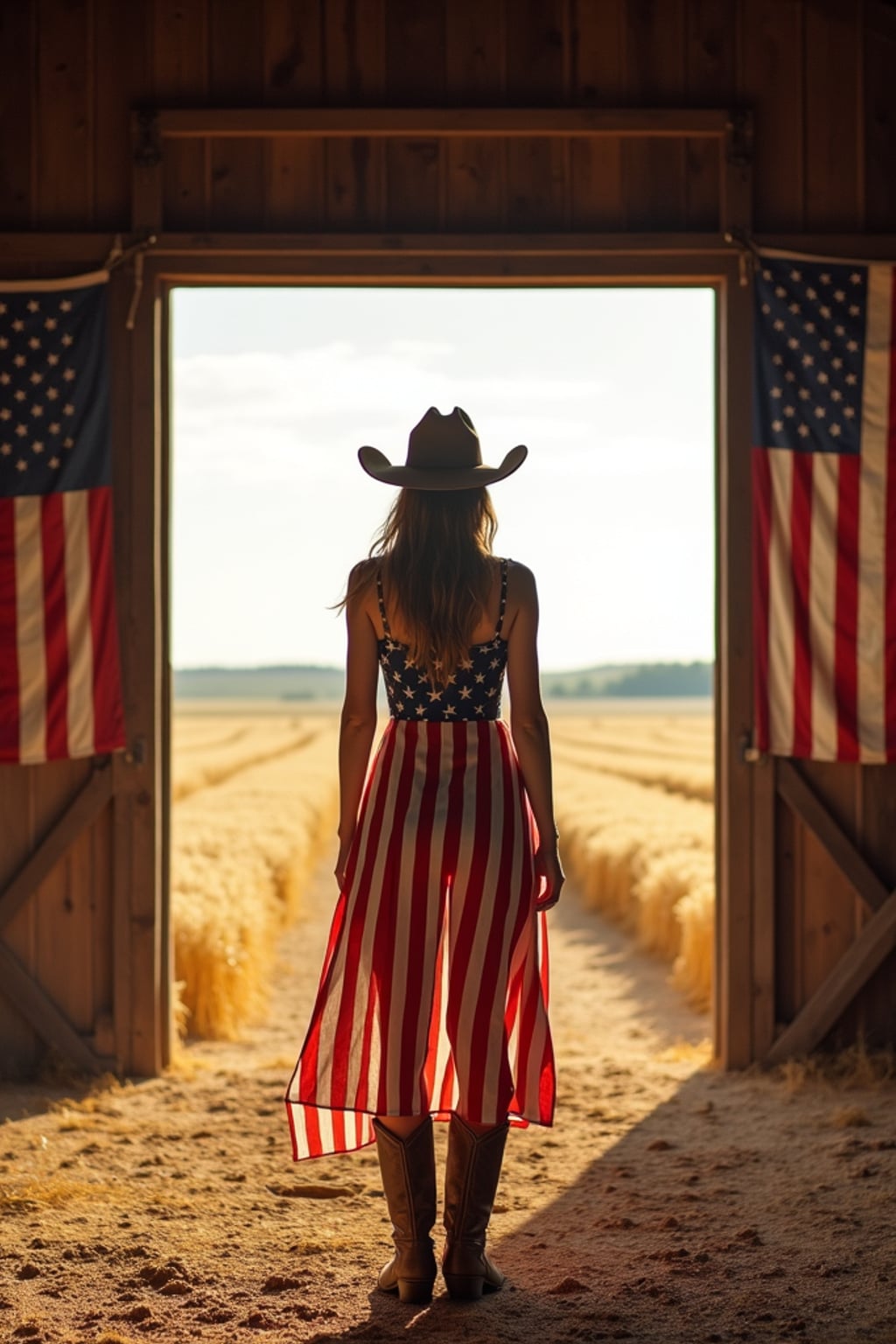 woman in a rustic barn in America's heartland, wearing a stars and stripes dress with cowboy boots , standing beneath hanging American flags, golden wheat fields visible through the open doors, embodying rural American pride