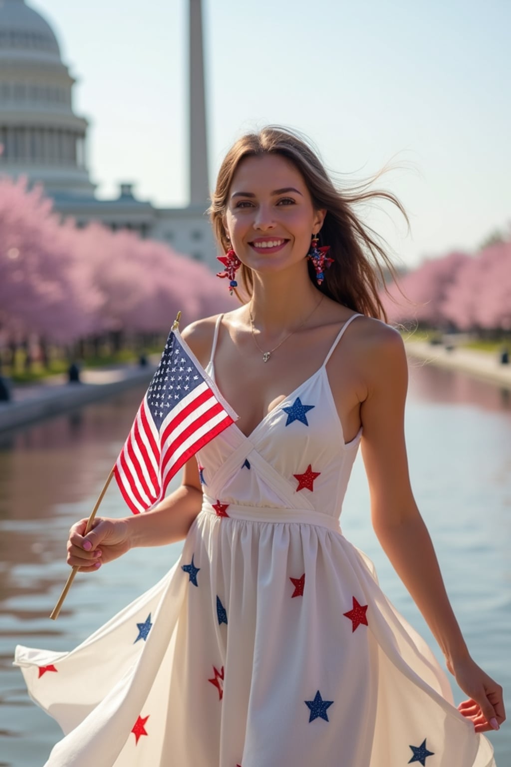 woman in Washington DC during cherry blossom season, wearing a flowing white dress with bold red and blue star accessories , holding a small American flag, the Washington Monument and Capitol building creating a picturesque patriotic backdrop