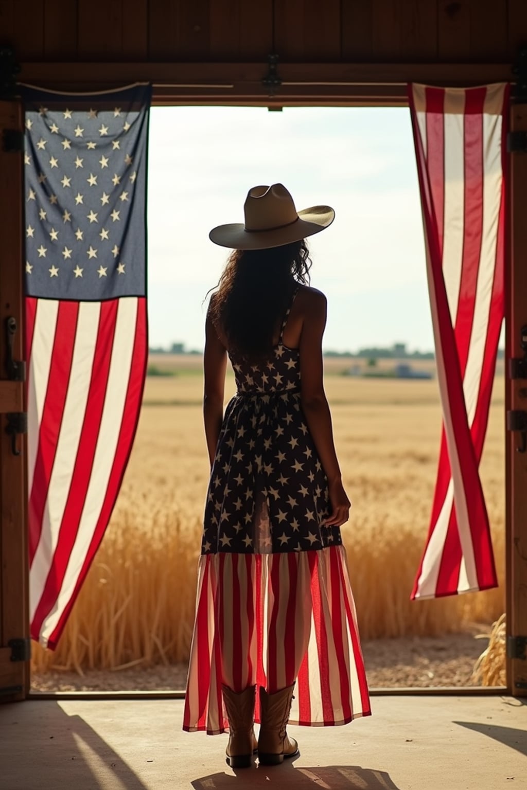 woman in a rustic barn in America's heartland, wearing a stars and stripes dress with cowboy boots , standing beneath hanging American flags, golden wheat fields visible through the open doors, embodying rural American pride