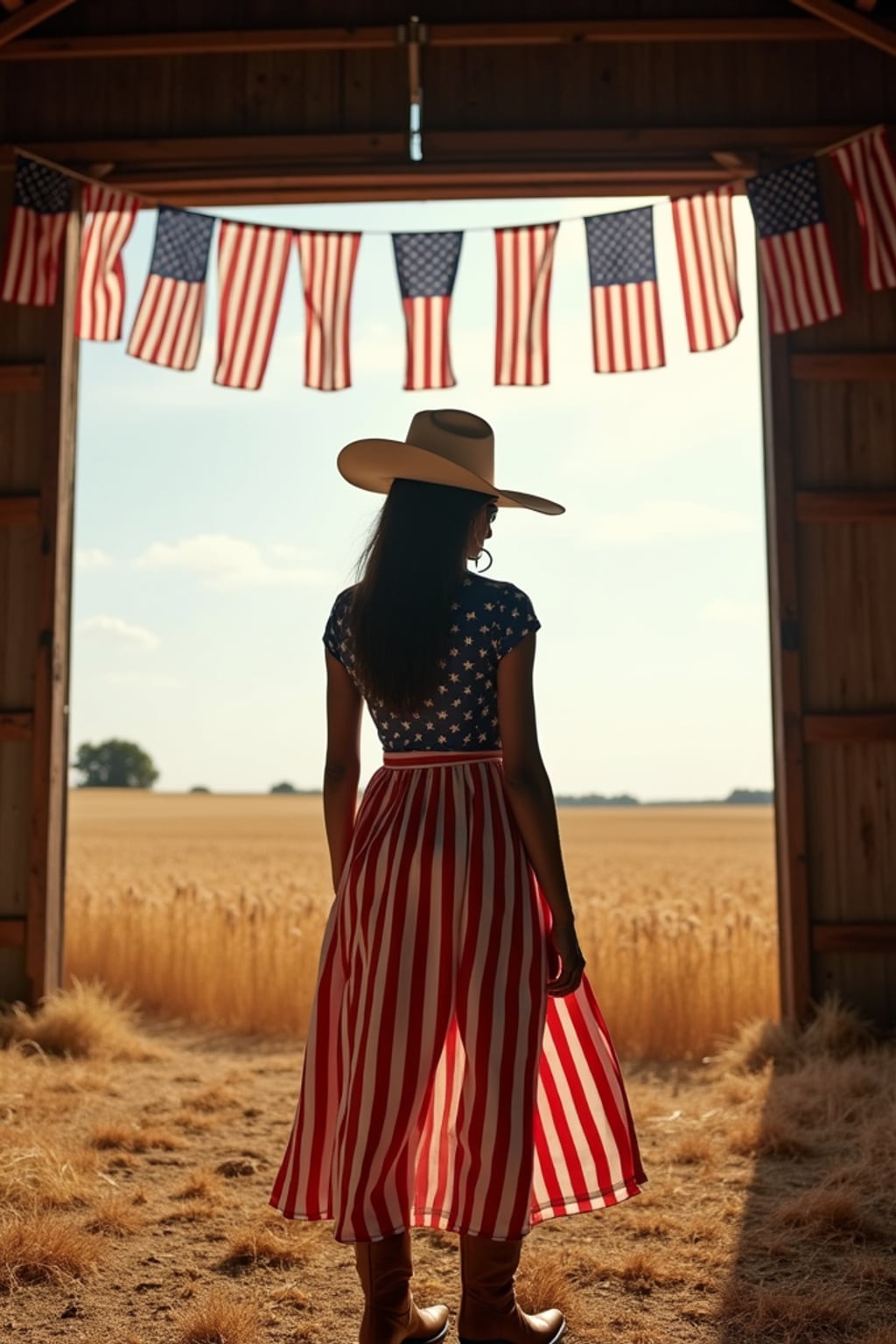 woman in a rustic barn in America's heartland, wearing a stars and stripes dress with cowboy boots , standing beneath hanging American flags, golden wheat fields visible through the open doors, embodying rural American pride