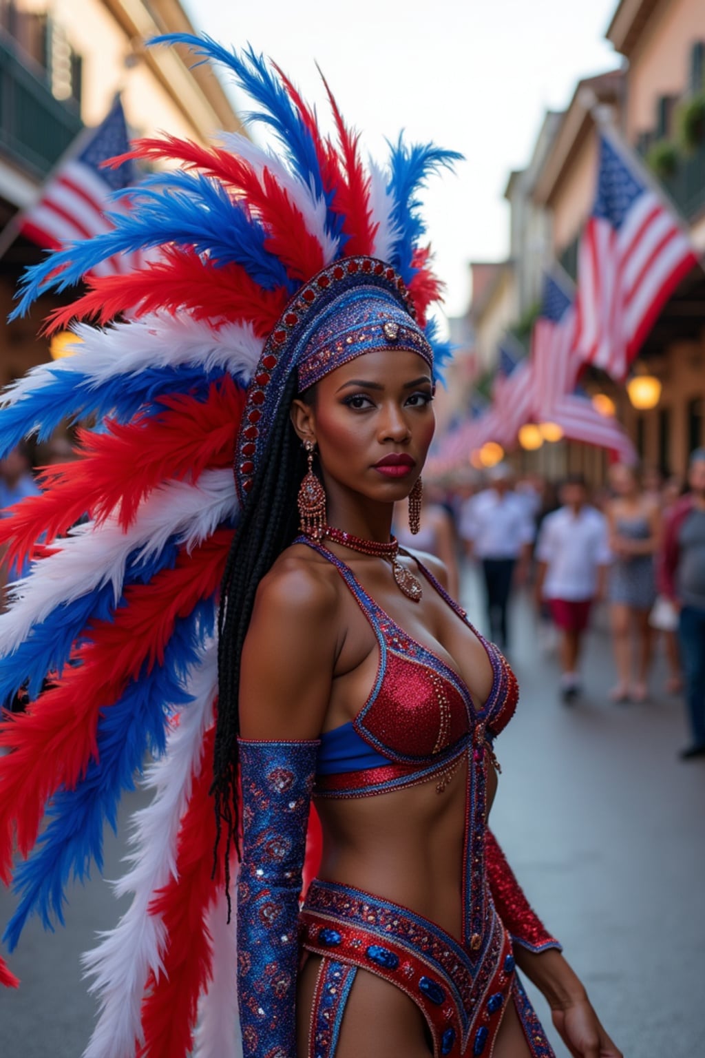 woman in New Orleans during Mardi Gras, wearing a dazzling red, white, and blue carnival outfit with star-spangled feathers , throwing red, white, and blue beads to the crowd, American flags lining Bourbon Street