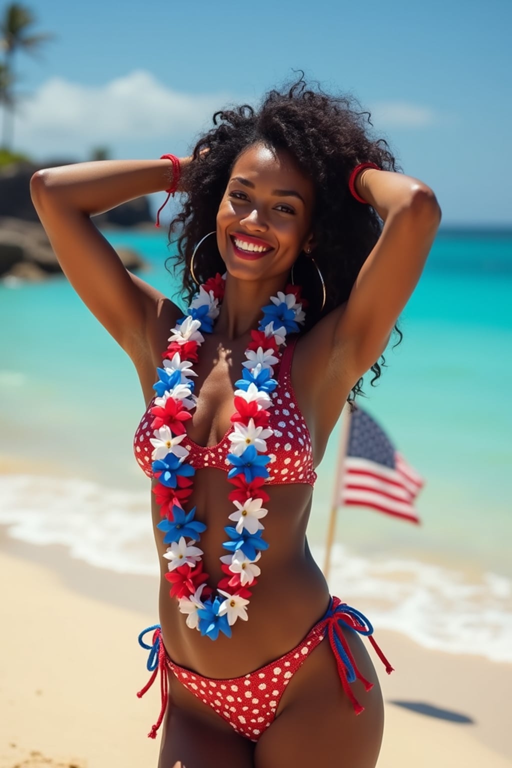 woman on a beautiful beach in Hawaii, wearing a stars and stripes bikini with sequins , with a lei of red, white and blue flowers around her  neck, American flag planted proudly in the sand, crystal blue waters in the background