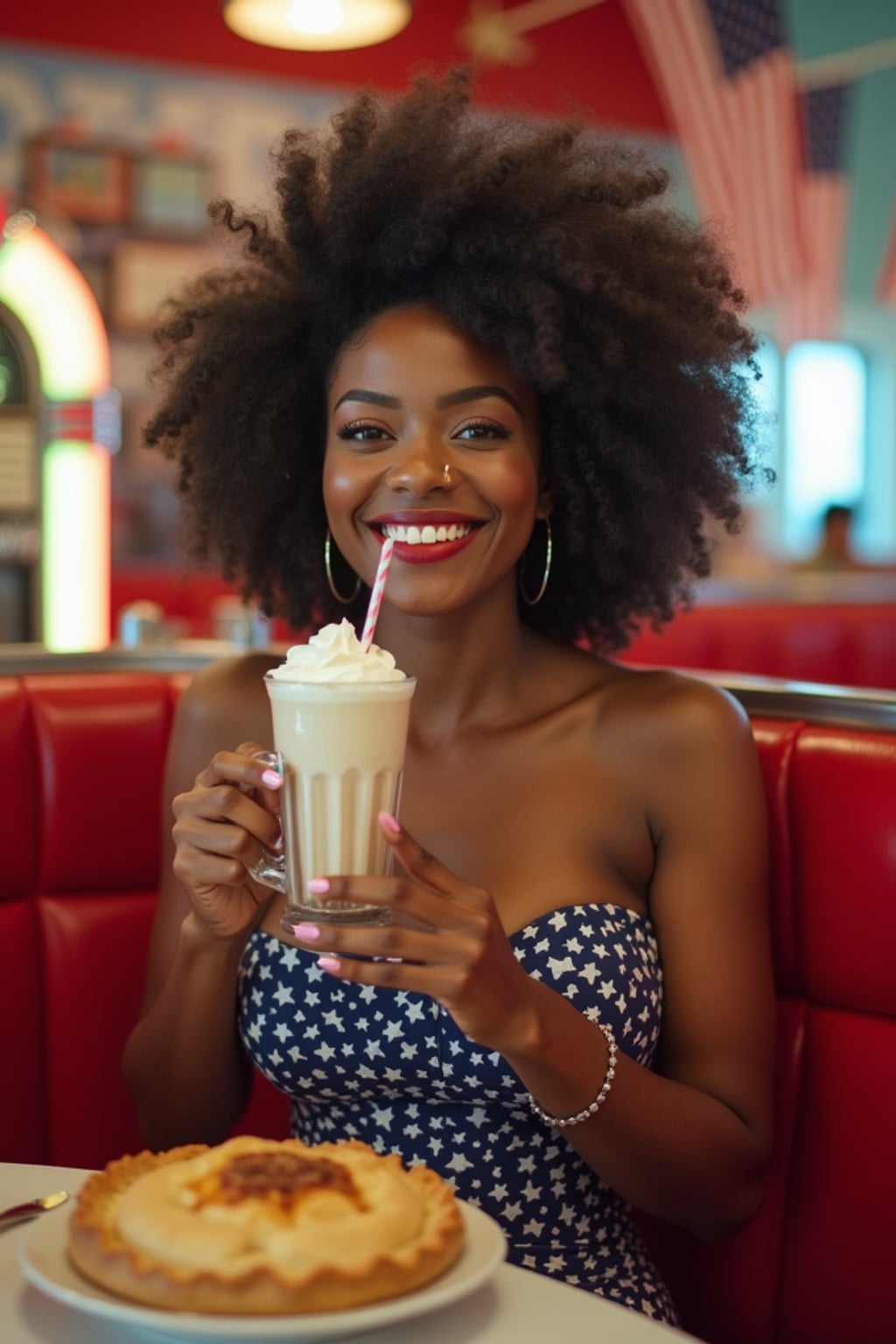 woman at a classic American diner, seated at a retro booth with red vinyl seats, wearing a 1950s-inspired stars and stripes dress , enjoying a milkshake and apple pie, walls decorated with American flags, vintage jukebox playing "God Bless America" in the background