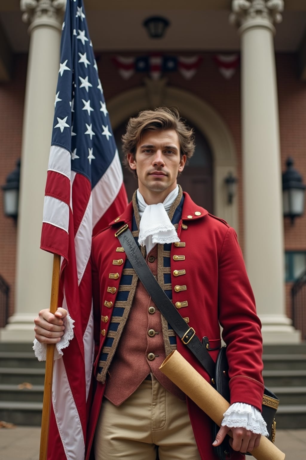 man in a stylized colonial outfit,  authentic revolutionary war uniform with extra flag elements, holding the original 13-star American flag and Declaration of Independence scroll, standing proudly in front of Independence Hall decorated with patriotic bunting.