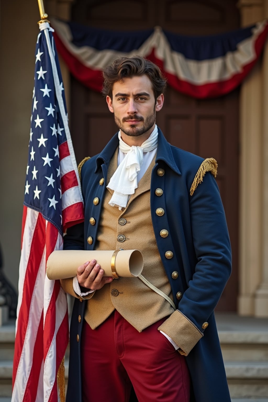 man in a stylized colonial outfit,  authentic revolutionary war uniform with extra flag elements, holding the original 13-star American flag and Declaration of Independence scroll, standing proudly in front of Independence Hall decorated with patriotic bunting.