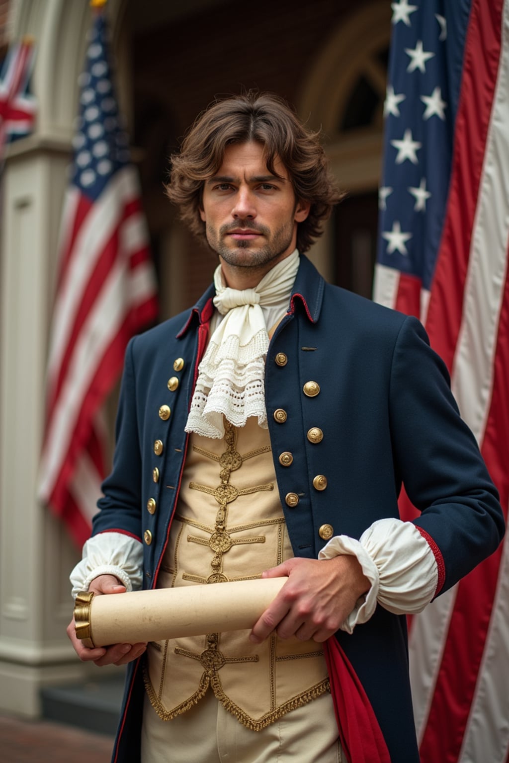 man in a stylized colonial outfit,  authentic revolutionary war uniform with extra flag elements, holding the original 13-star American flag and Declaration of Independence scroll, standing proudly in front of Independence Hall decorated with patriotic bunting.