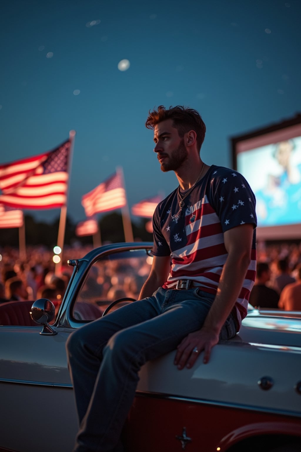 man at a drive-in movie theater showing a patriotic film, sitting on the hood of a classic American-made car decorated with flag decals, wearing  jeans and a patriotic t-shirt, under a starry night sky, surrounded by American flags
