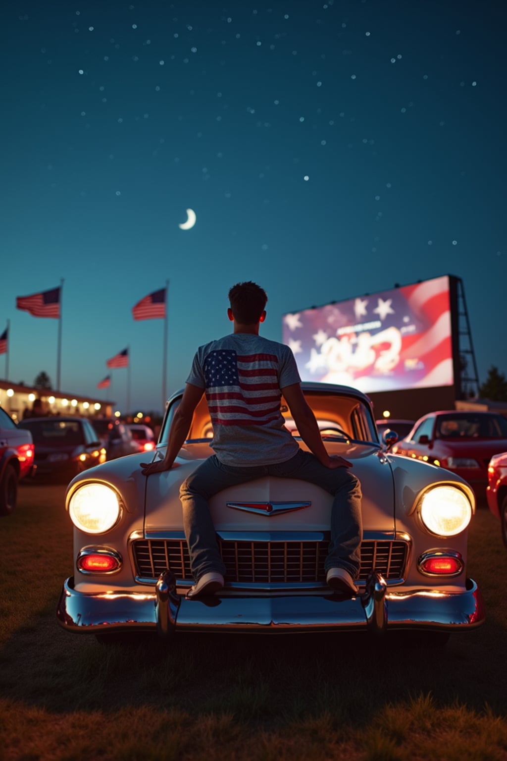 man at a drive-in movie theater showing a patriotic film, sitting on the hood of a classic American-made car decorated with flag decals, wearing  jeans and a patriotic t-shirt, under a starry night sky, surrounded by American flags