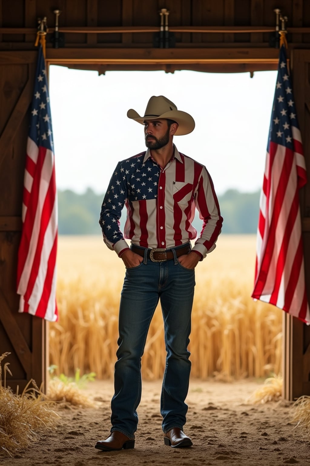 man in a rustic barn in America's heartland, wearing  jeans, American flag shirt, and cowboy boots, standing beneath hanging American flags, golden wheat fields visible through the open doors, embodying rural American pride