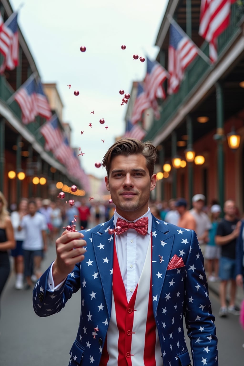 man in New Orleans during Mardi Gras, wearing  a stars and stripes suit with patriotic bow tie, throwing red, white, and blue beads to the crowd, American flags lining Bourbon Street