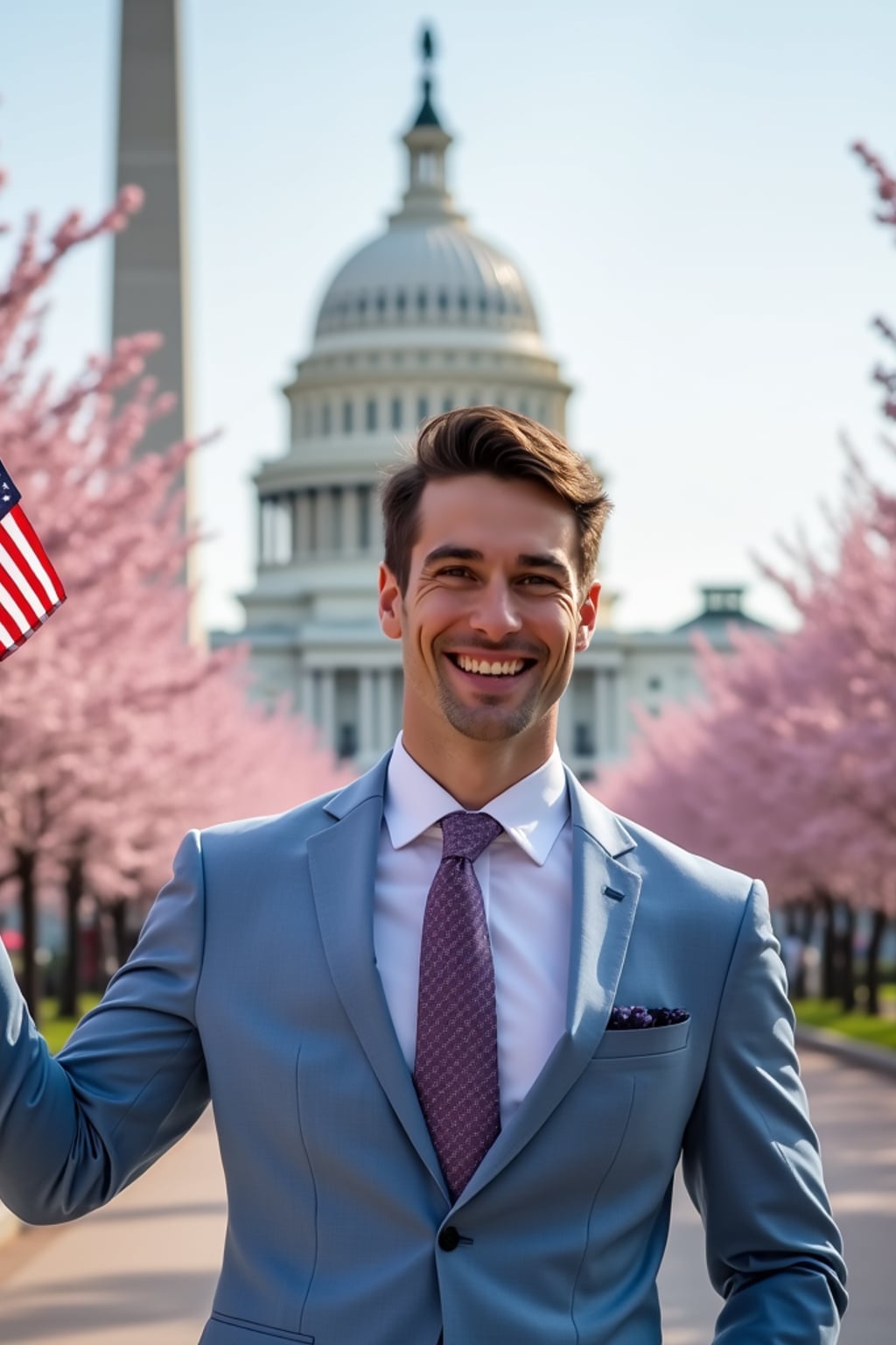 man in Washington DC during cherry blossom season, wearing  a light blue suit with a stars and stripes tie, holding a small American flag, the Washington Monument and Capitol building creating a picturesque patriotic backdrop