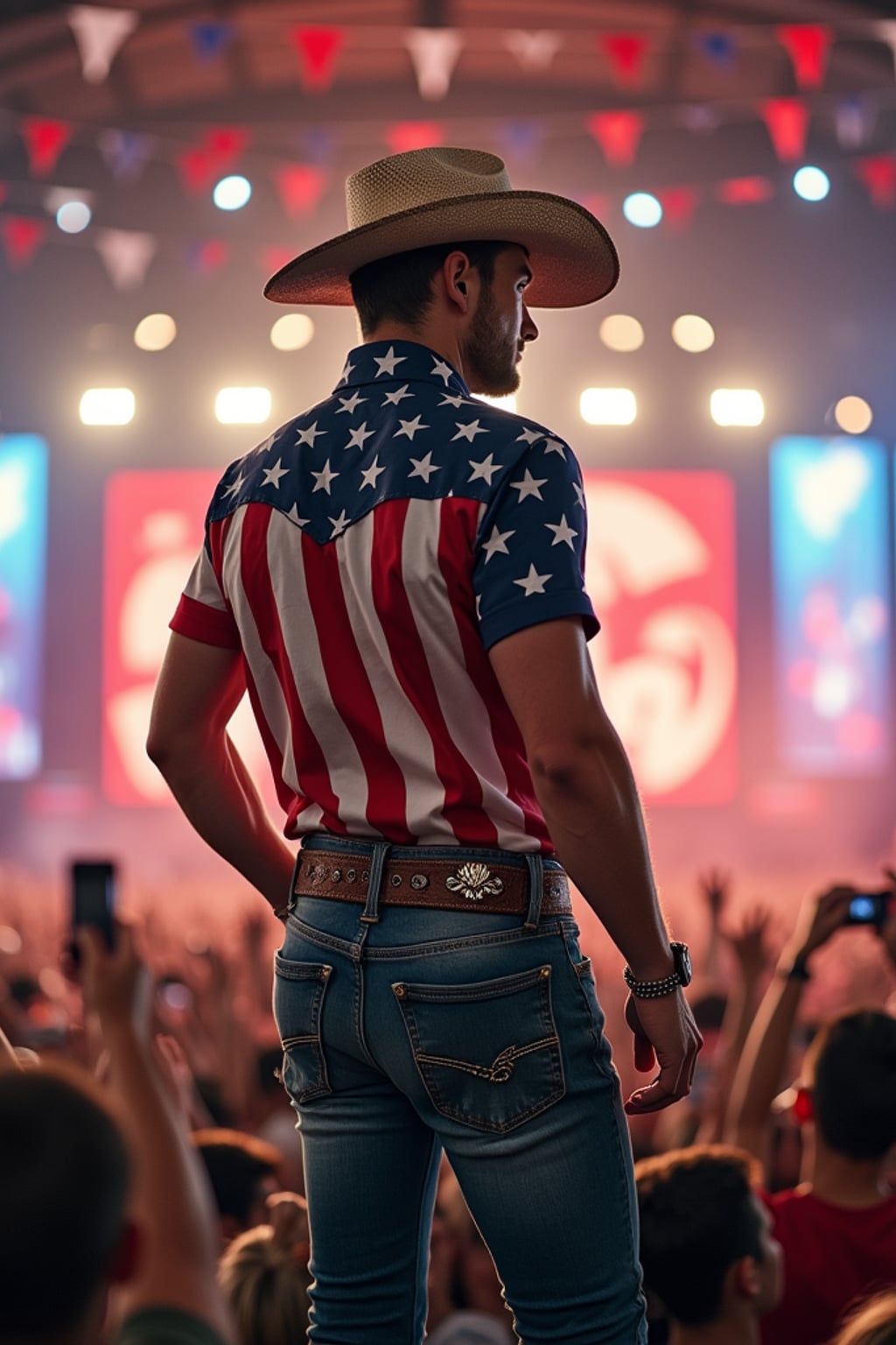 man at a country music festival, wearing  a stars and stripes shirt, blue jeans, and cowboy boots with eagle spurs, American flag cowboy hat, surrounded by cheering crowds waving small flags, stage decorated with patriotic bunting