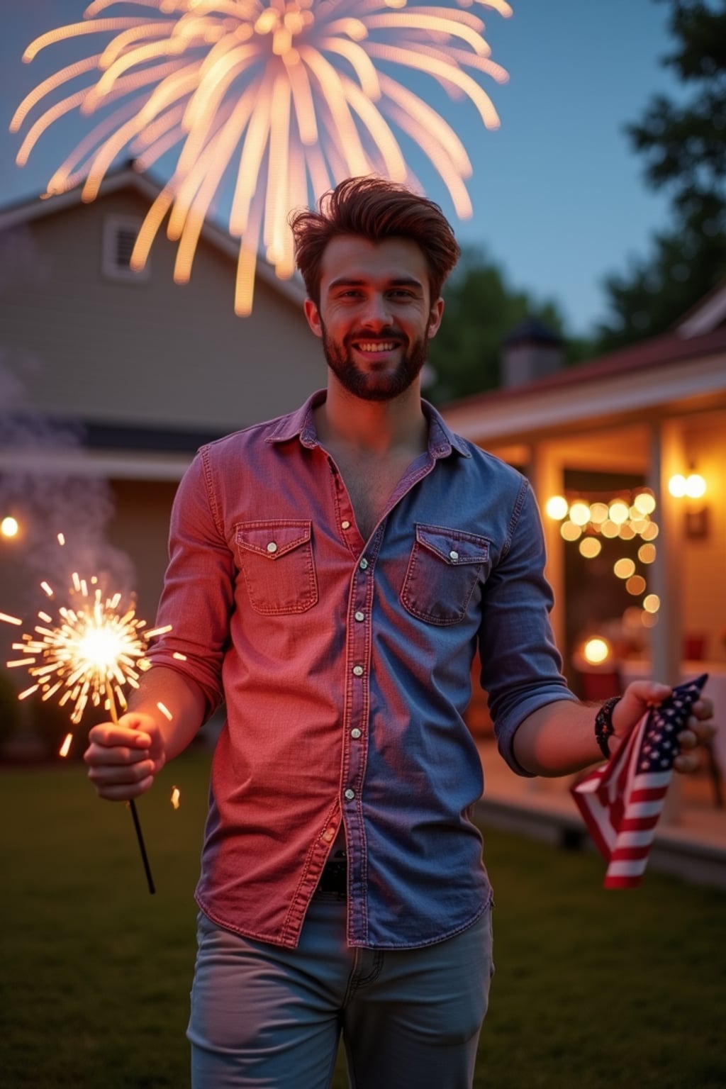 man at a 4th of July backyard barbecue, wearing  a red, white and blue button-up shirt with rolled sleeves and shorts, holding sparklers and a small American flag, surrounded by patriotic decorations, fireworks bursting in the sky