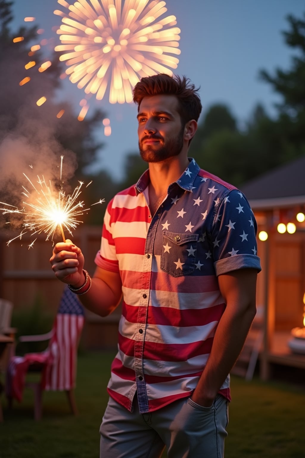 man at a 4th of July backyard barbecue, wearing  a red, white and blue button-up shirt with rolled sleeves and shorts, holding sparklers and a small American flag, surrounded by patriotic decorations, fireworks bursting in the sky