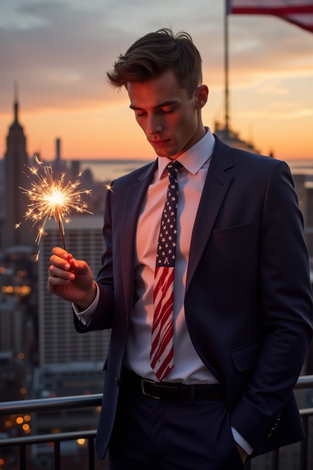 man on a New York City rooftop at sunset, Manhattan skyline in the background, wearing  a sharp navy blue suit with American flag tie, holding sparklers that illuminate  his face with a golden glow, American flags waving proudly nearby