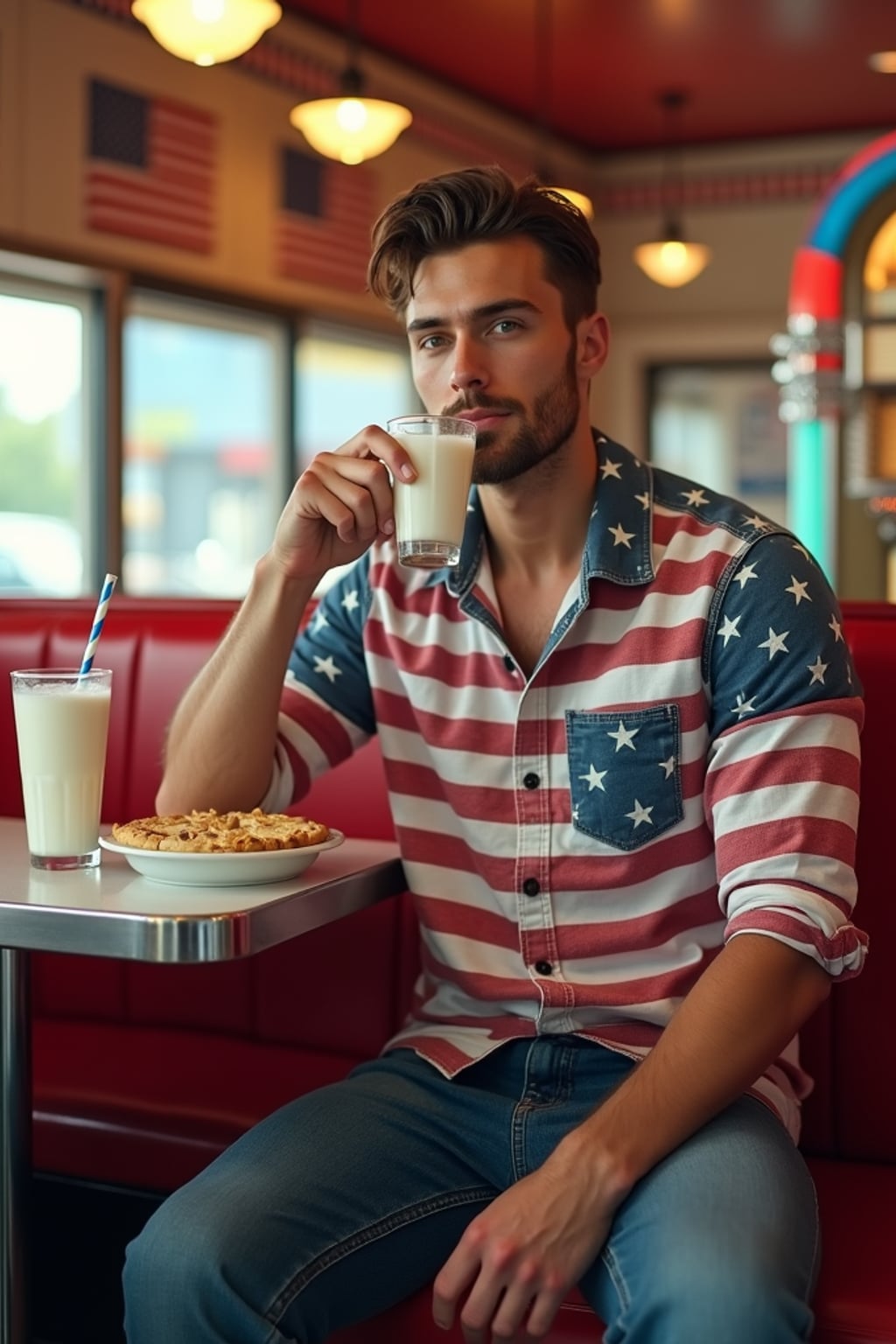 man at a classic American diner, seated at a retro booth with red vinyl seats, wearing  a patriotic button-up shirt with rolled sleeves and jeans, enjoying a milkshake and apple pie, walls decorated with American flags, vintage jukebox playing "God Bless America" in the background