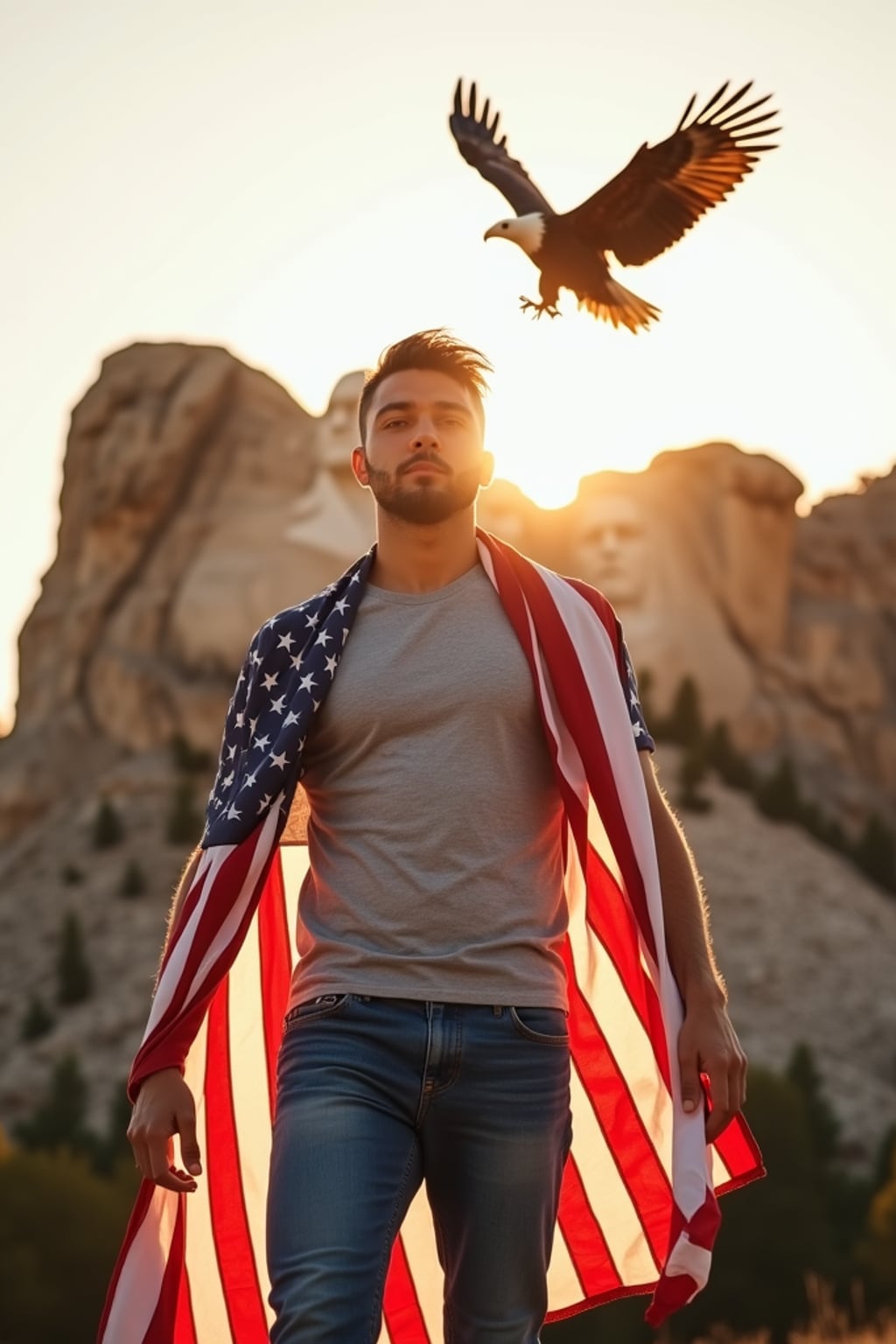 man in front of the iconic Mount Rushmore, wearing  an American flag t-shirt and blue jeans, striking a proud pose with the American flag draped around  his shoulders, golden hour lighting creating a warm, inspiring atmosphere, bald eagle soaring overhead