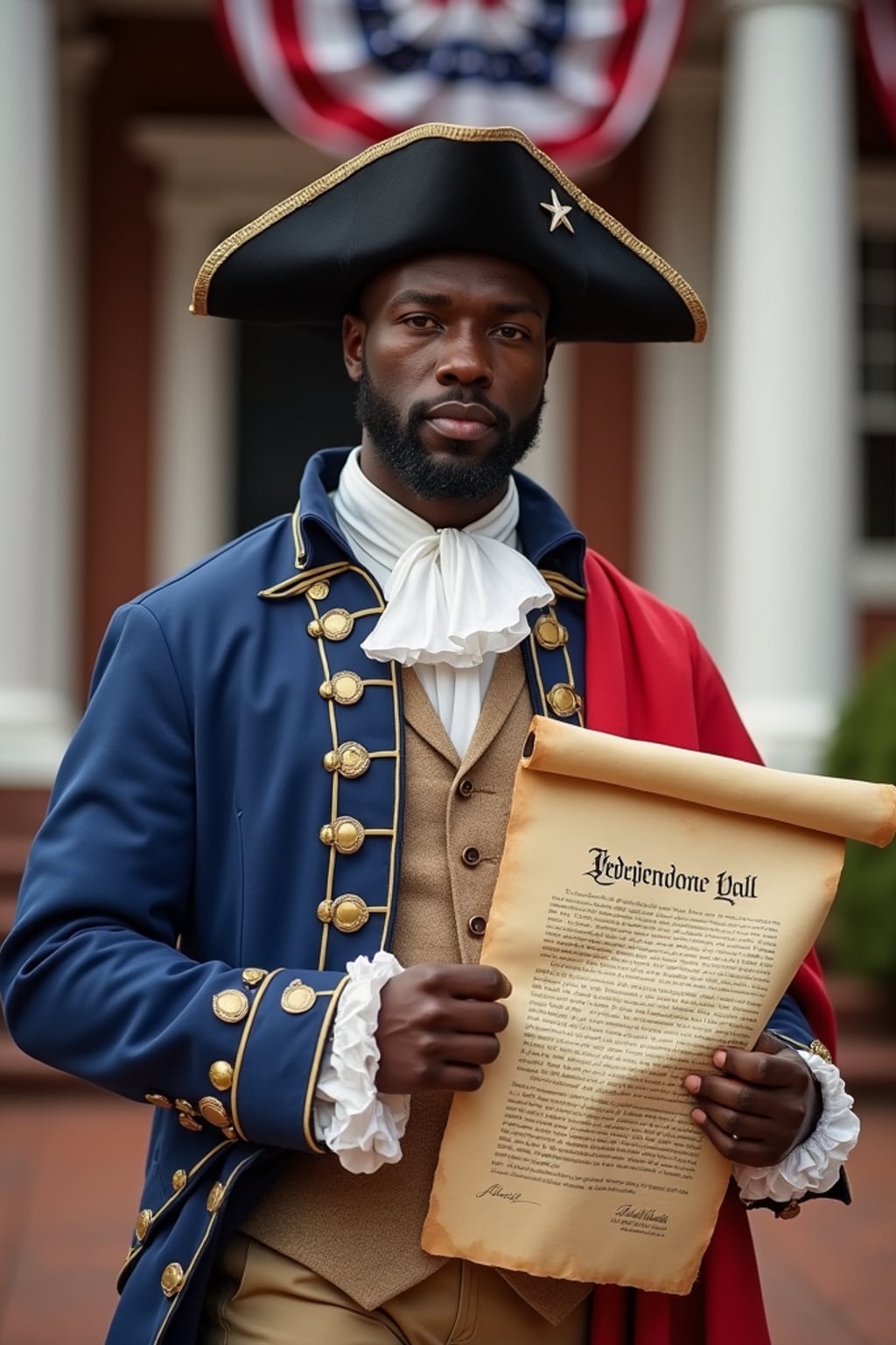 man in a stylized colonial outfit,  authentic revolutionary war uniform with extra flag elements, holding the original 13-star American flag and Declaration of Independence scroll, standing proudly in front of Independence Hall decorated with patriotic bunting.