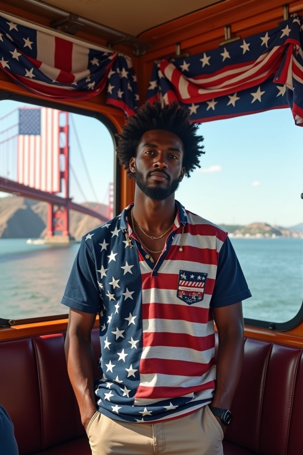man on a San Francisco trolley decorated with patriotic bunting, wearing  casual smart attire with American flag design elements, Golden Gate Bridge draped with a giant American flag visible in the background, embodying iconic American city pride