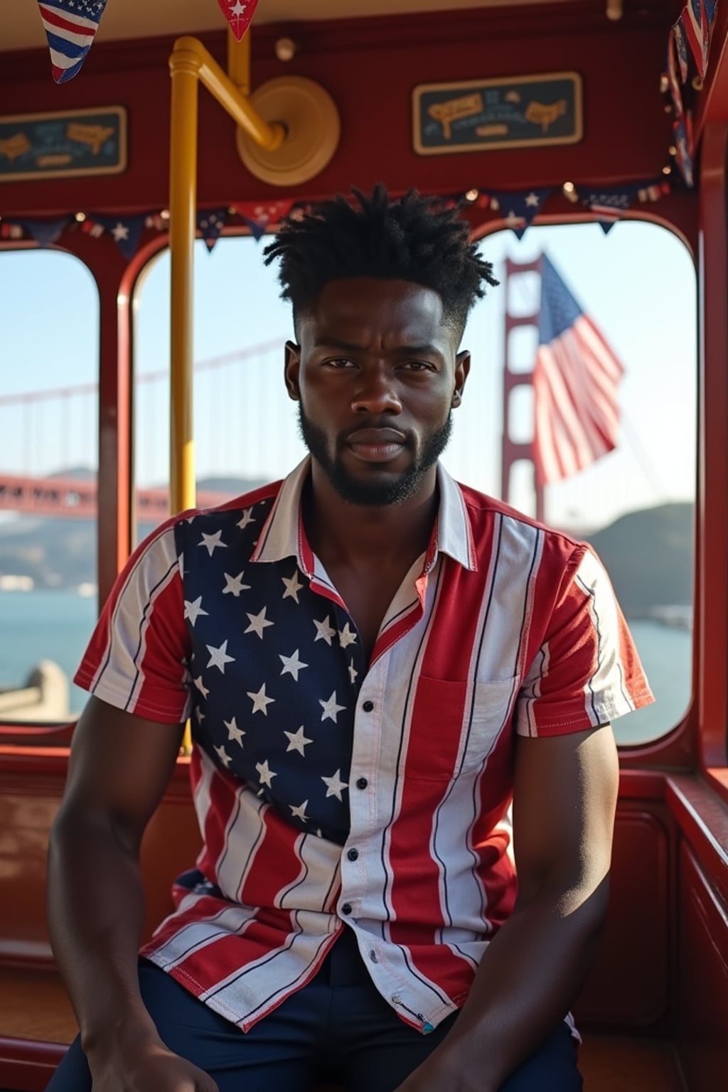 man on a San Francisco trolley decorated with patriotic bunting, wearing  casual smart attire with American flag design elements, Golden Gate Bridge draped with a giant American flag visible in the background, embodying iconic American city pride