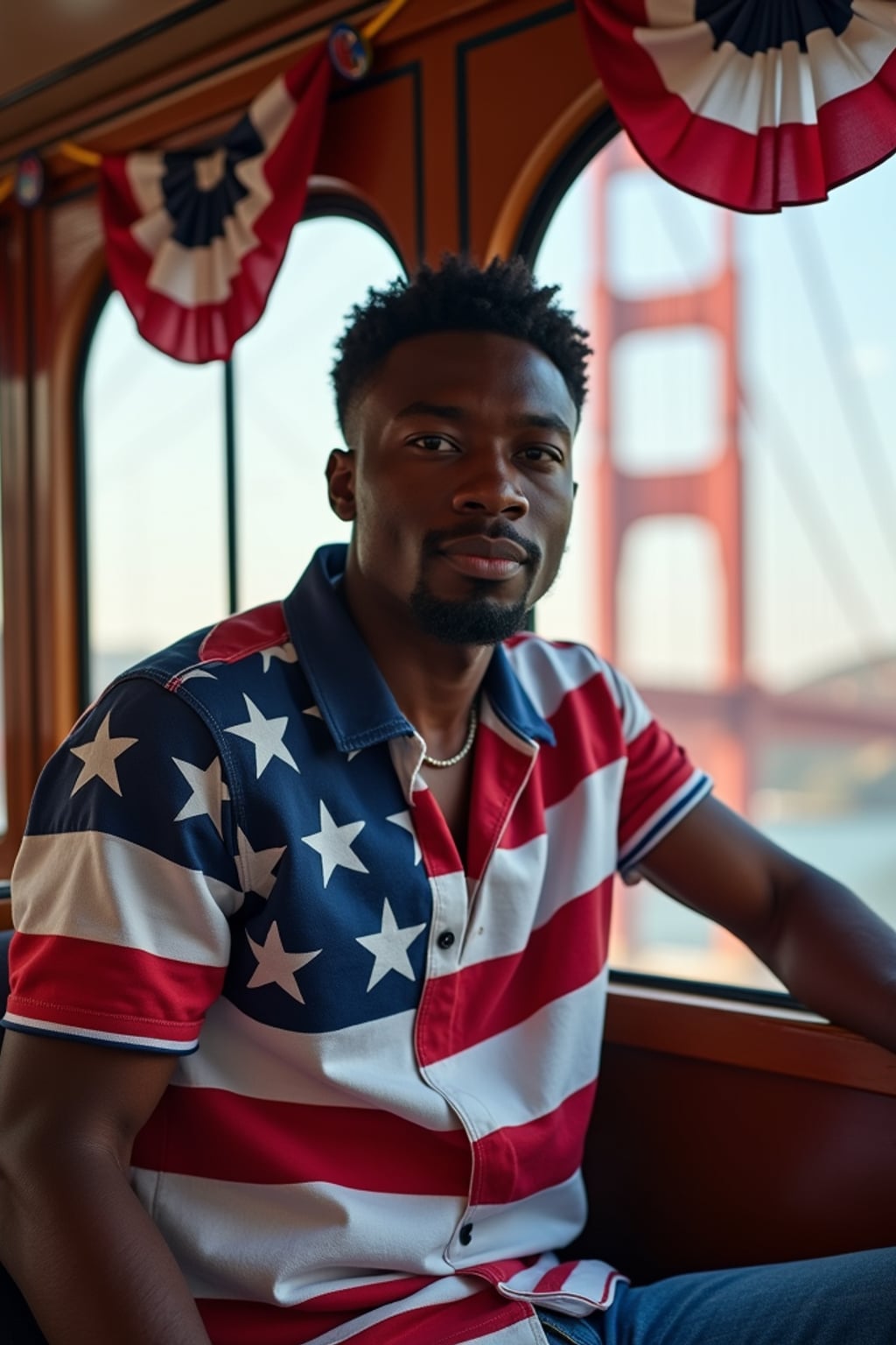man on a San Francisco trolley decorated with patriotic bunting, wearing  casual smart attire with American flag design elements, Golden Gate Bridge draped with a giant American flag visible in the background, embodying iconic American city pride