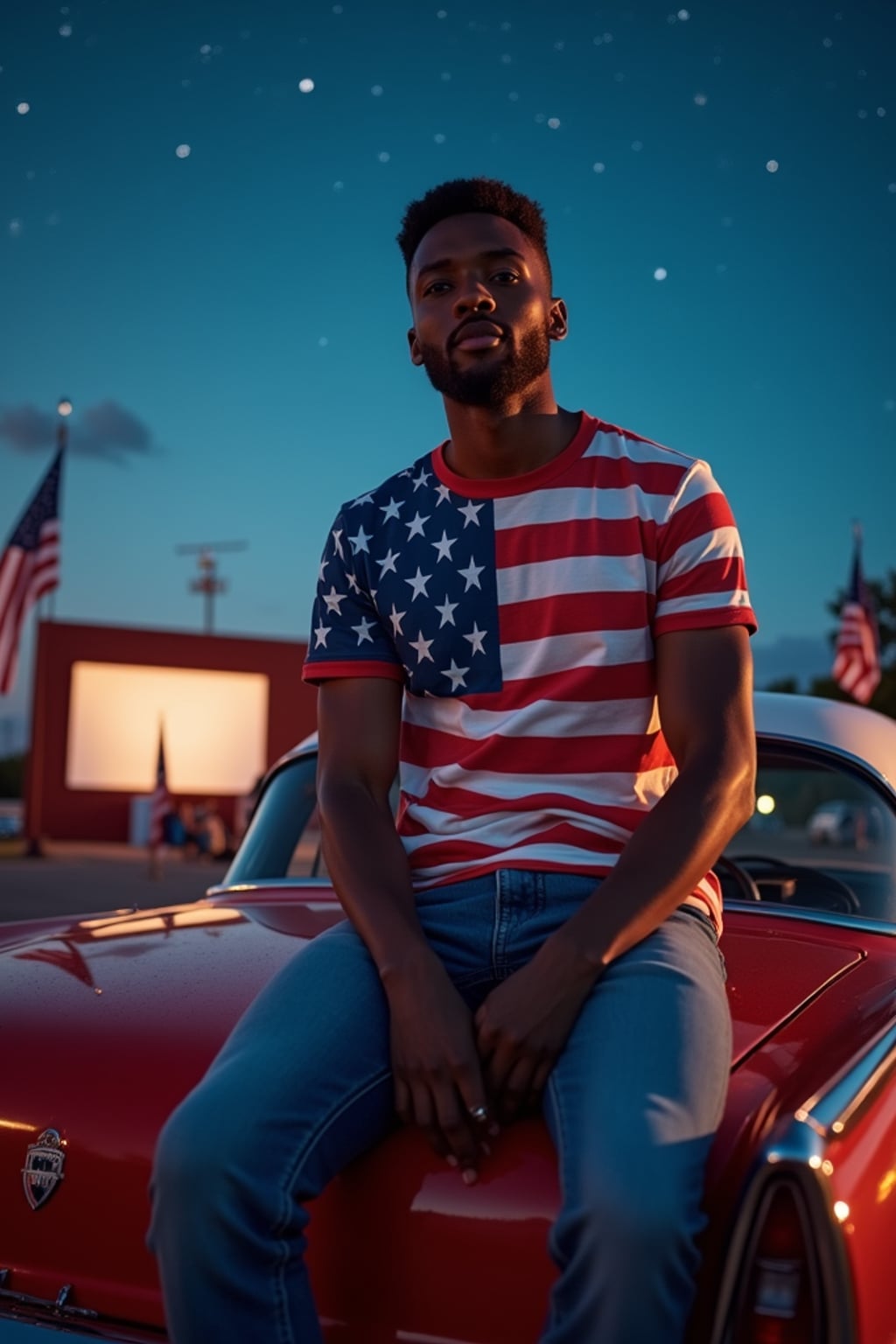 man at a drive-in movie theater showing a patriotic film, sitting on the hood of a classic American-made car decorated with flag decals, wearing  jeans and a patriotic t-shirt, under a starry night sky, surrounded by American flags
