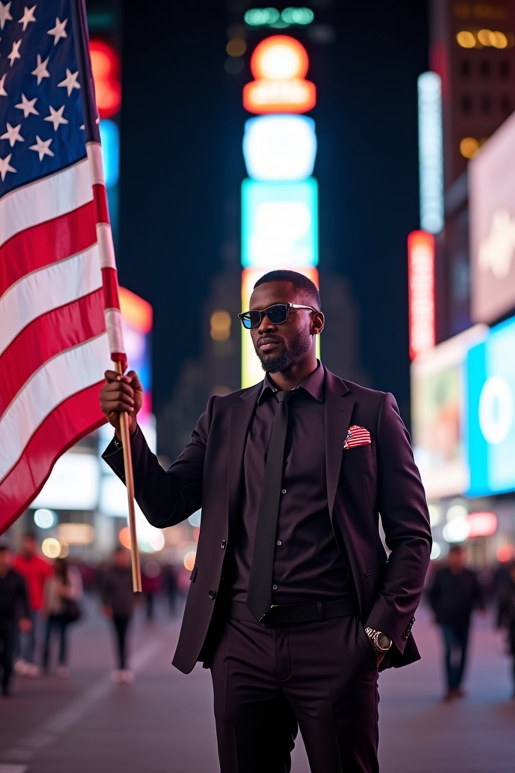 man in Times Square at night, surrounded by the iconic neon lights, wearing  a stylish modern suit with American flag pocket square, waving a large American flag, the bustling energy of New York City creating an electric patriotic atmosphere