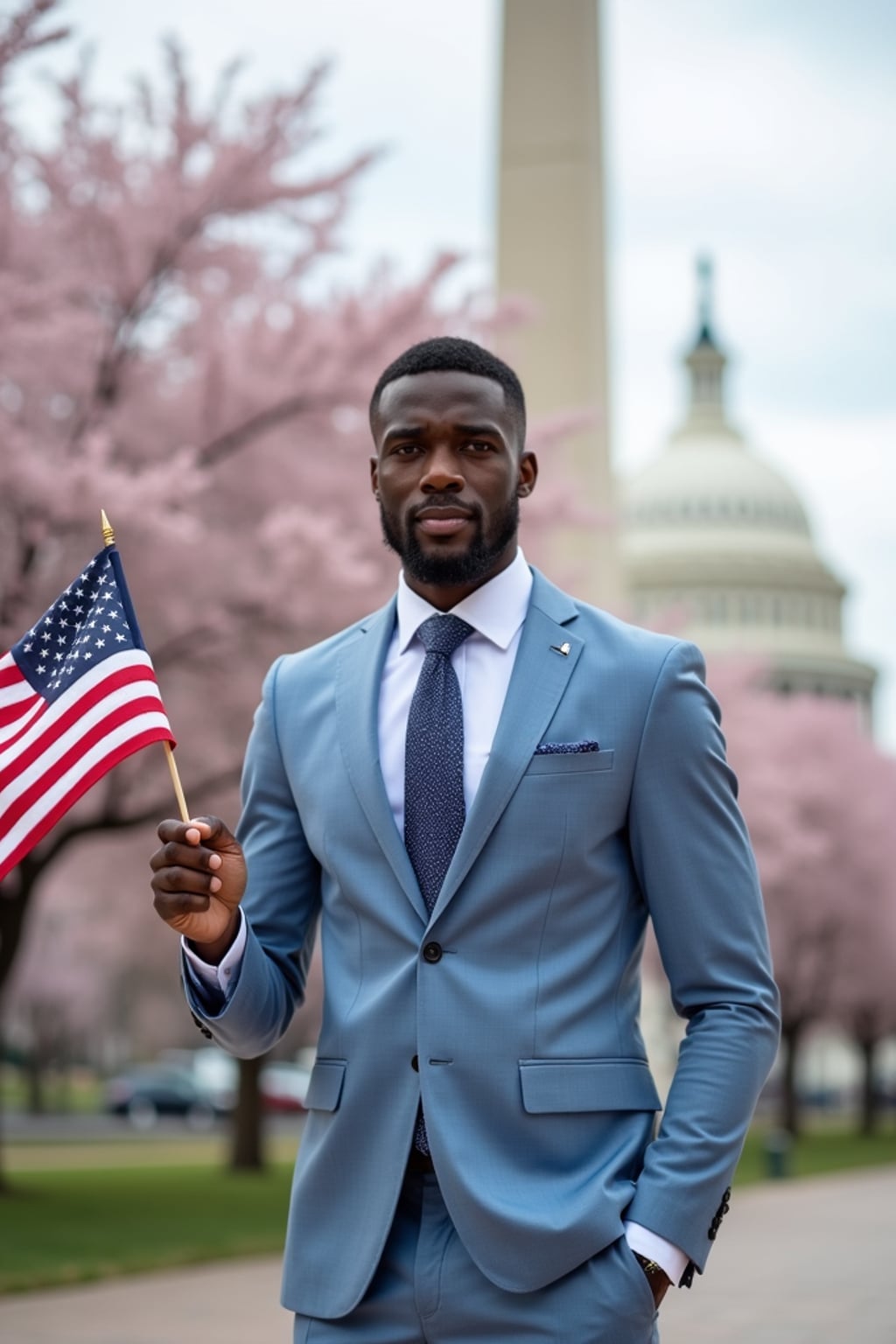 man in Washington DC during cherry blossom season, wearing  a light blue suit with a stars and stripes tie, holding a small American flag, the Washington Monument and Capitol building creating a picturesque patriotic backdrop
