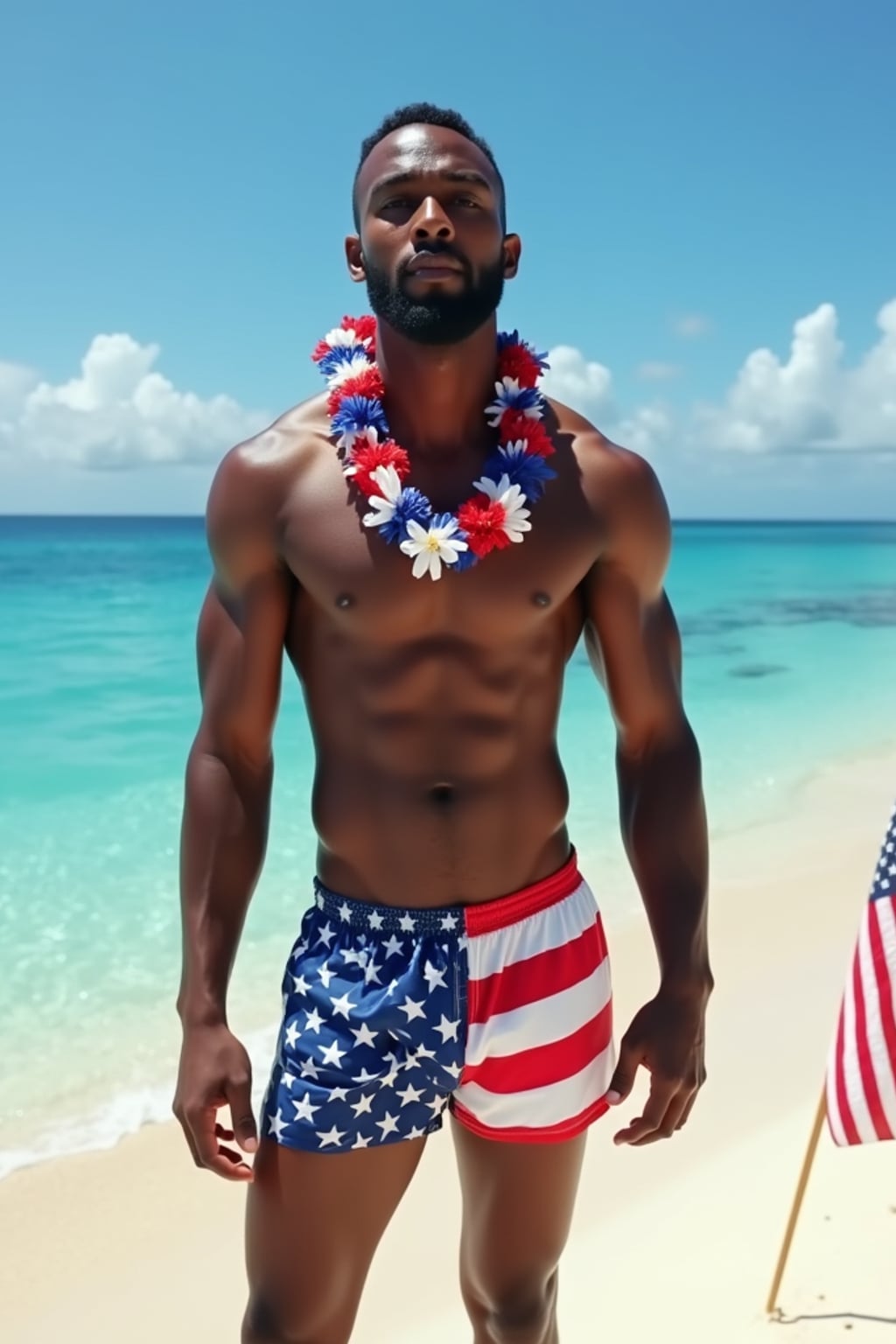 man on a beautiful beach in Hawaii, wearing  American flag swim trunks and a patriotic tank top, with a lei of red, white and blue flowers around  his neck, American flag planted proudly in the sand, crystal blue waters in the background