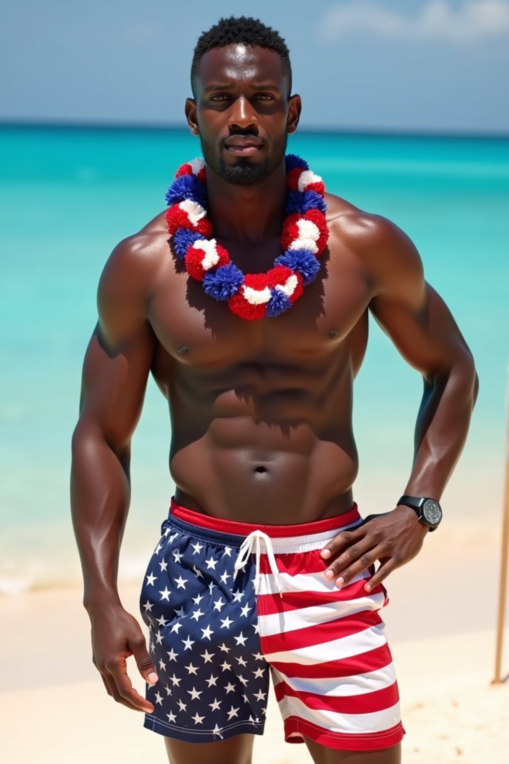 man on a beautiful beach in Hawaii, wearing  American flag swim trunks and a patriotic tank top, with a lei of red, white and blue flowers around  his neck, American flag planted proudly in the sand, crystal blue waters in the background