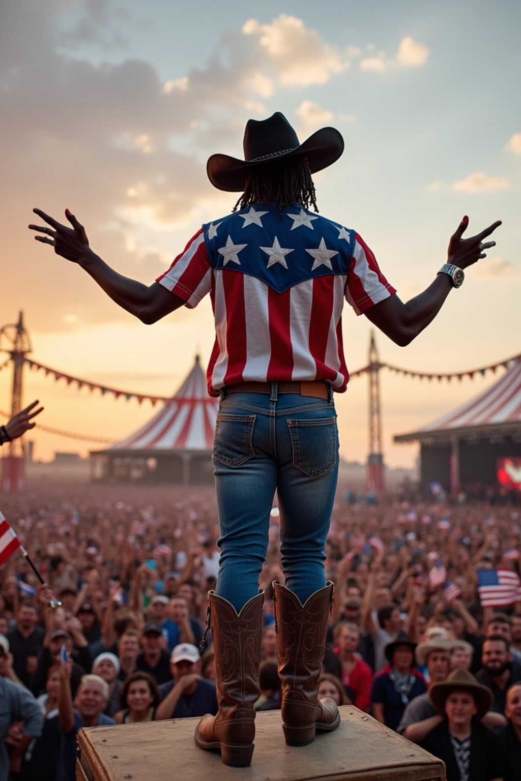 man at a country music festival, wearing  a stars and stripes shirt, blue jeans, and cowboy boots with eagle spurs, American flag cowboy hat, surrounded by cheering crowds waving small flags, stage decorated with patriotic bunting